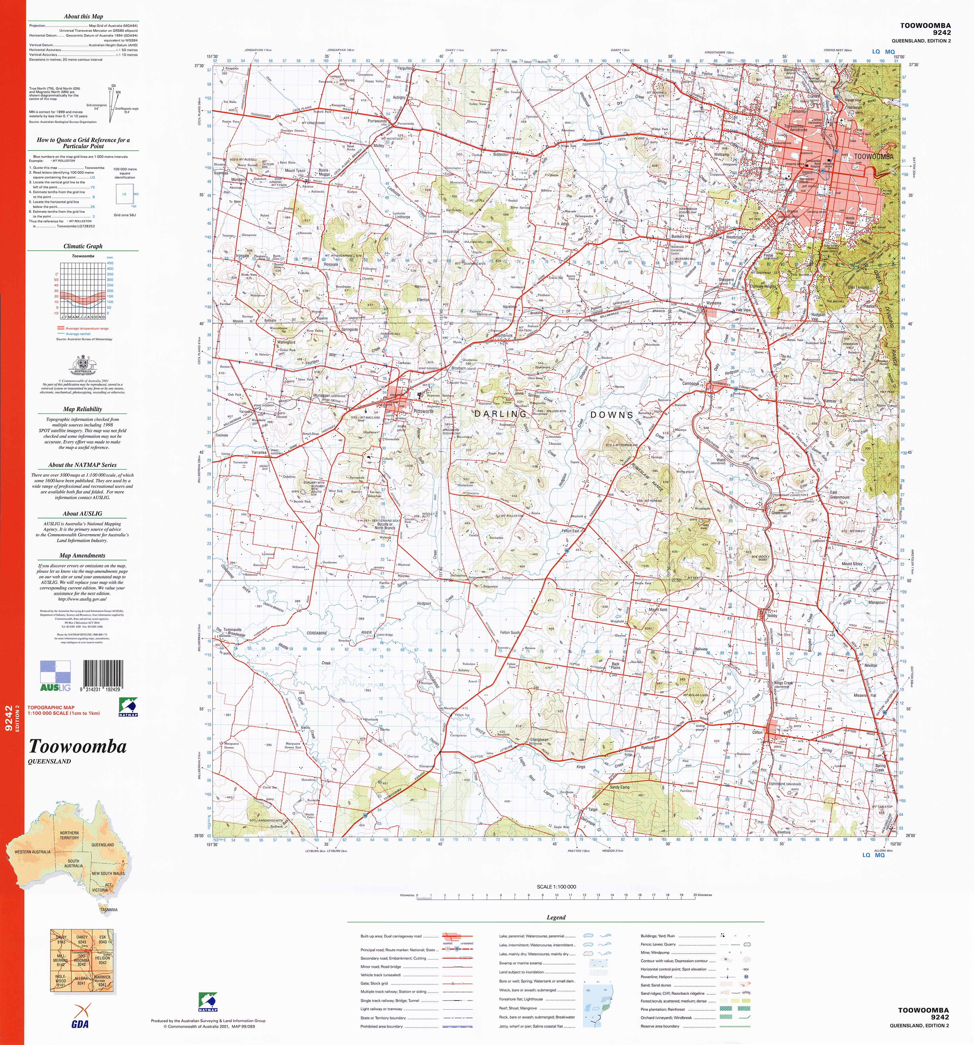 9242 Toowoomba 1:100k Topographic Map