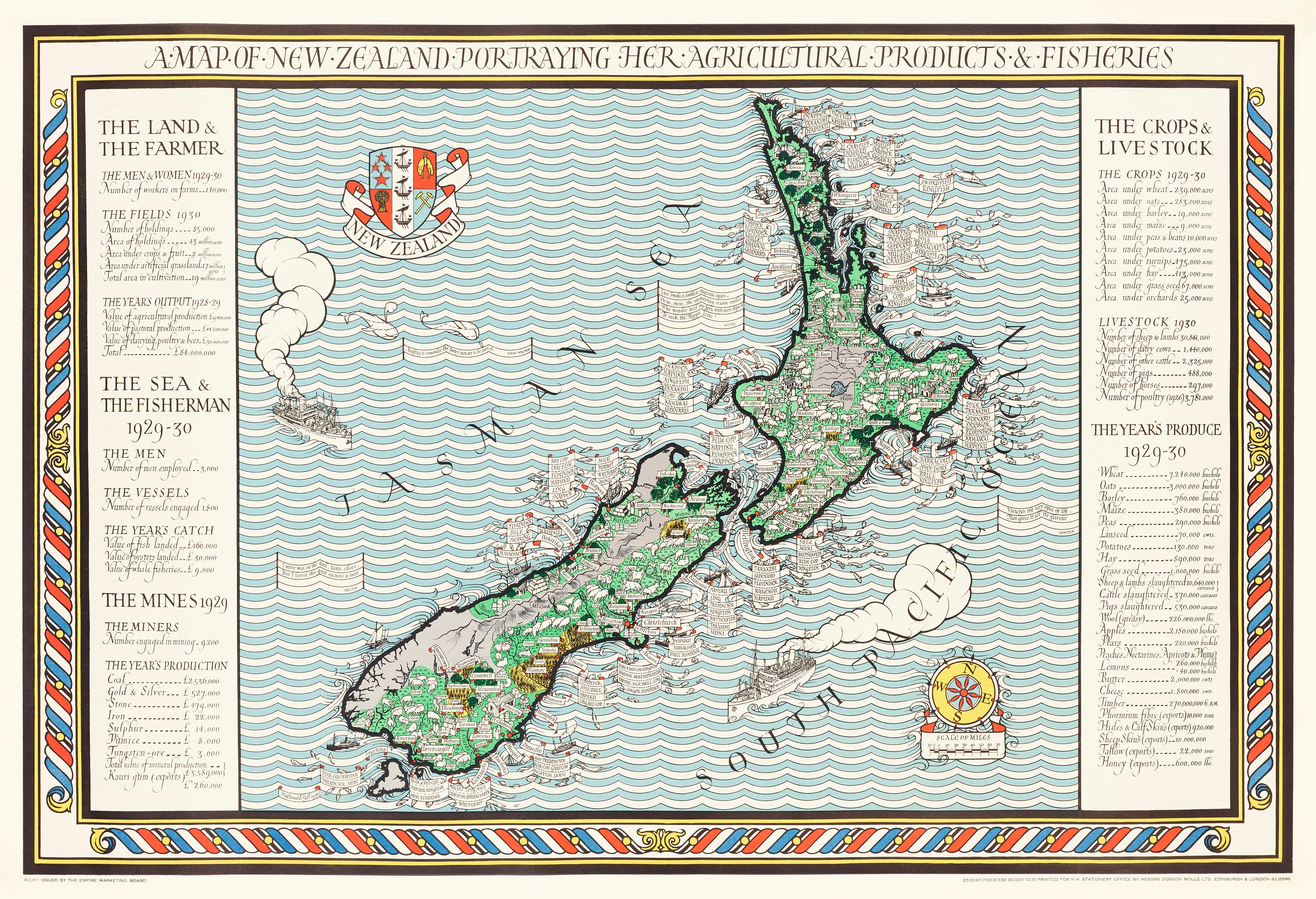 A Map of New Zealand Portraying Her Agricultural Products and Fisheries (1930) by MacDonald Gil