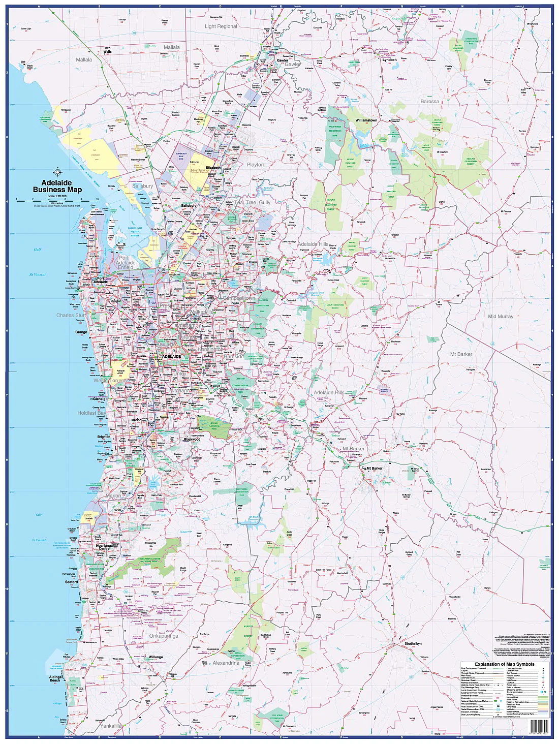 Adelaide Business Map 565 UBD 1020 x 1480mm Laminated Wall Map with Hang Rails