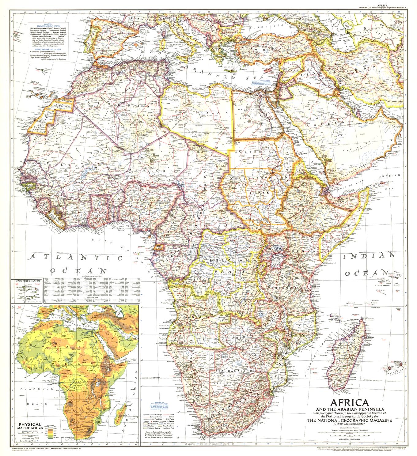 Africa and the Arabian Peninsula Wall Map - Published 1950 by National Geographic