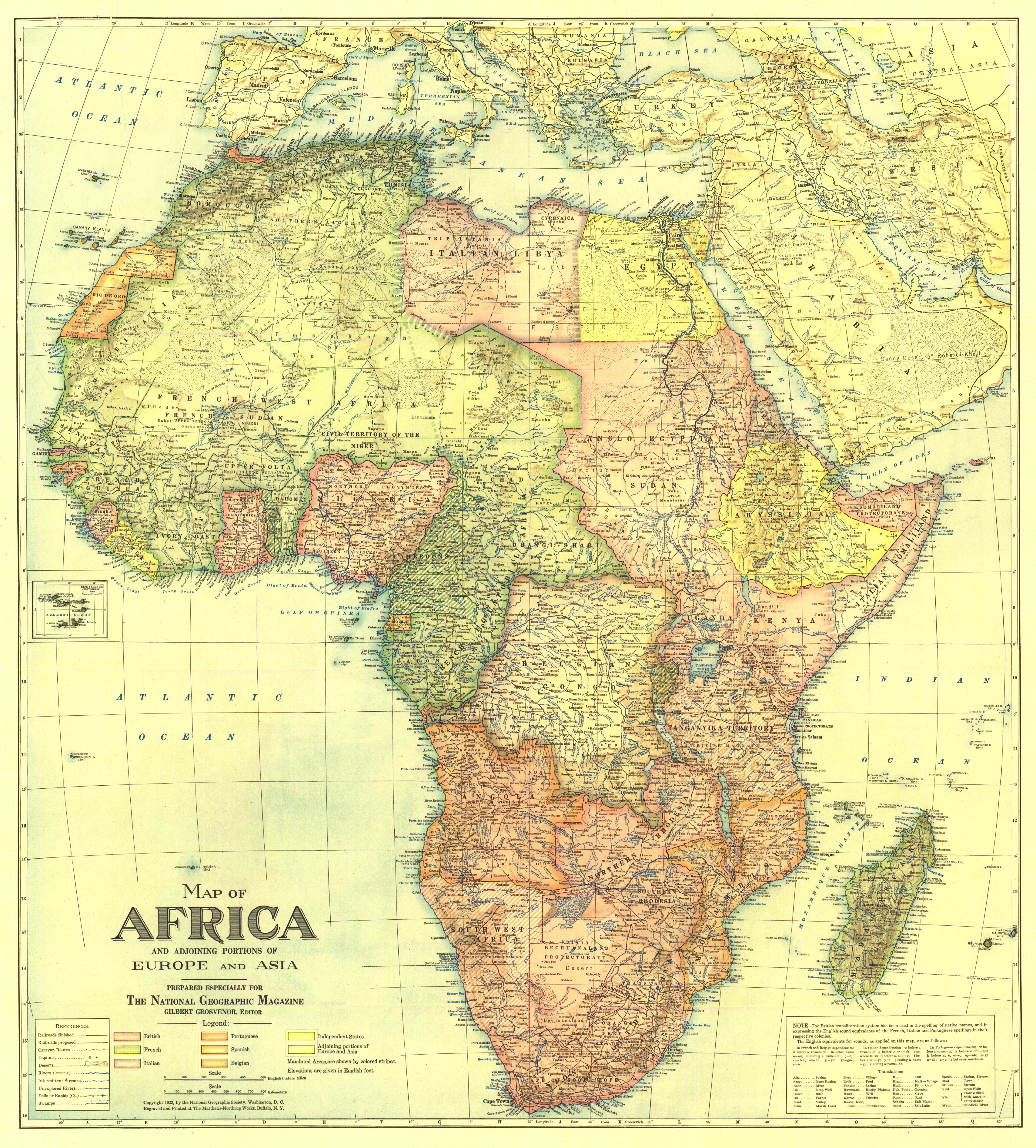 Africa Wall Map with Portions of Europe and Asia - Published 1922 by National Geographic