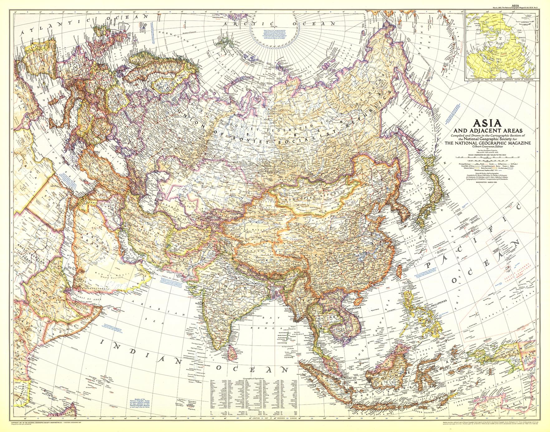 Asia and Adjacent Areas Wall Map - Published 1951 by National Geographic