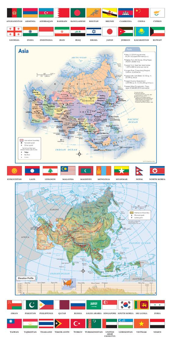 Asia Political & Physical Continent Map with Country Flags