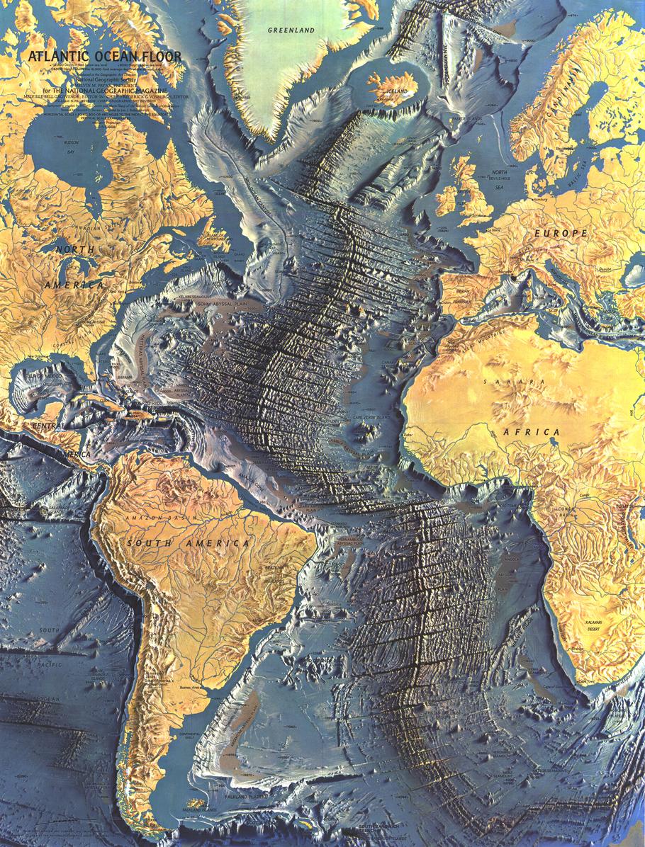 Atlantic Ocean Floor Wall Map - Published 1968 by National Geographic