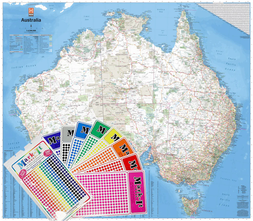 Australia Hema 1660 x 1455mm Mega Map Laminated Wall Map with FREE Map Dots