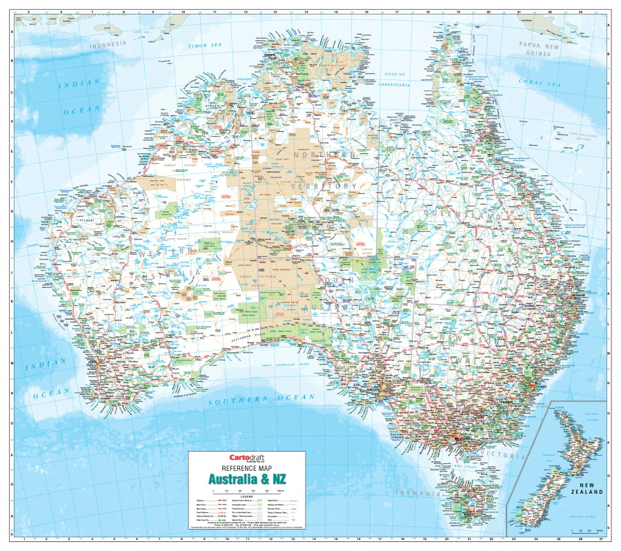 Australia & New Zealand Reference 1000 x 887mm Laminated Wall Map with Hang Rails