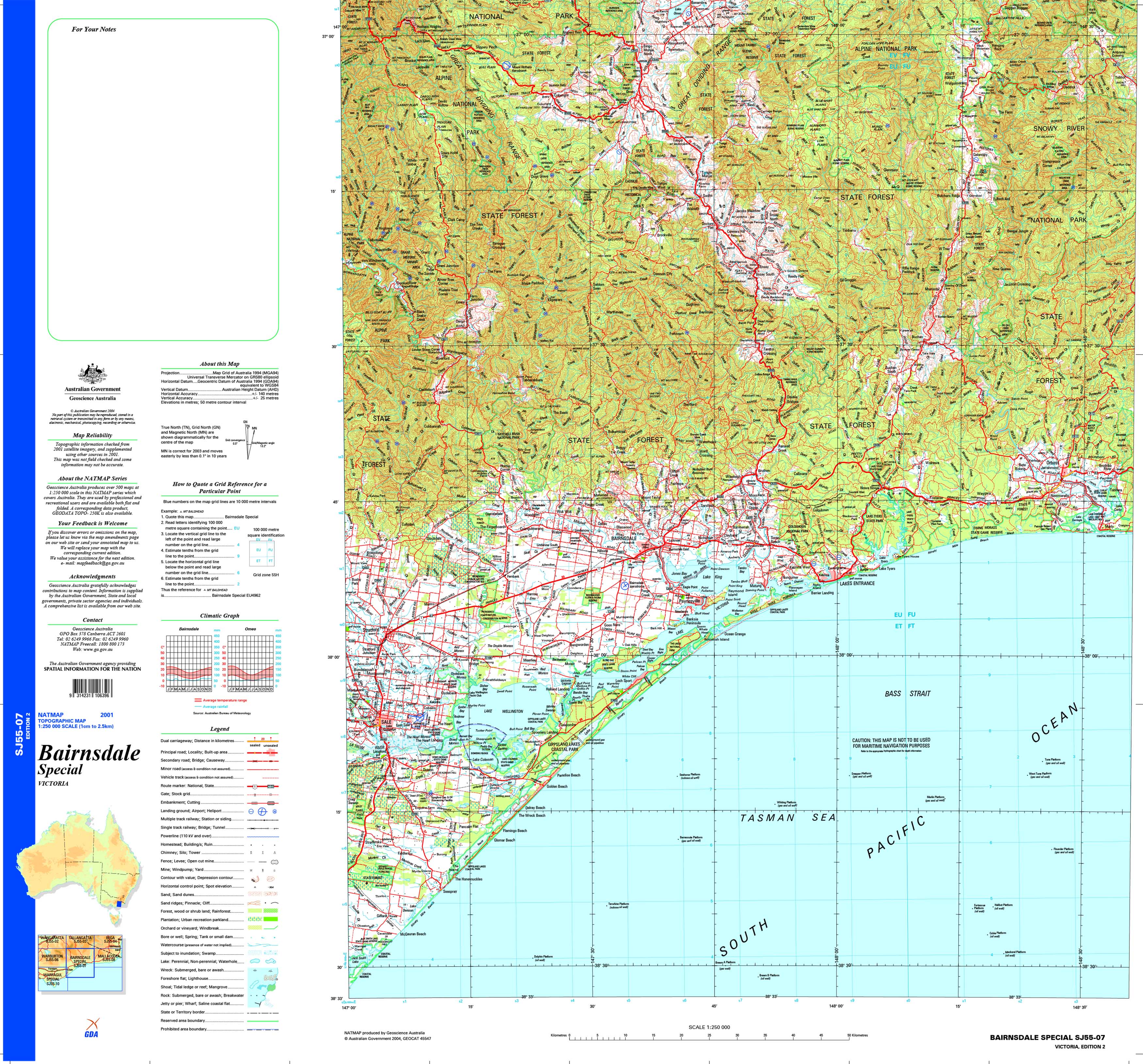 Bairnsdale SJ55-07 Topographic Map 1:250k