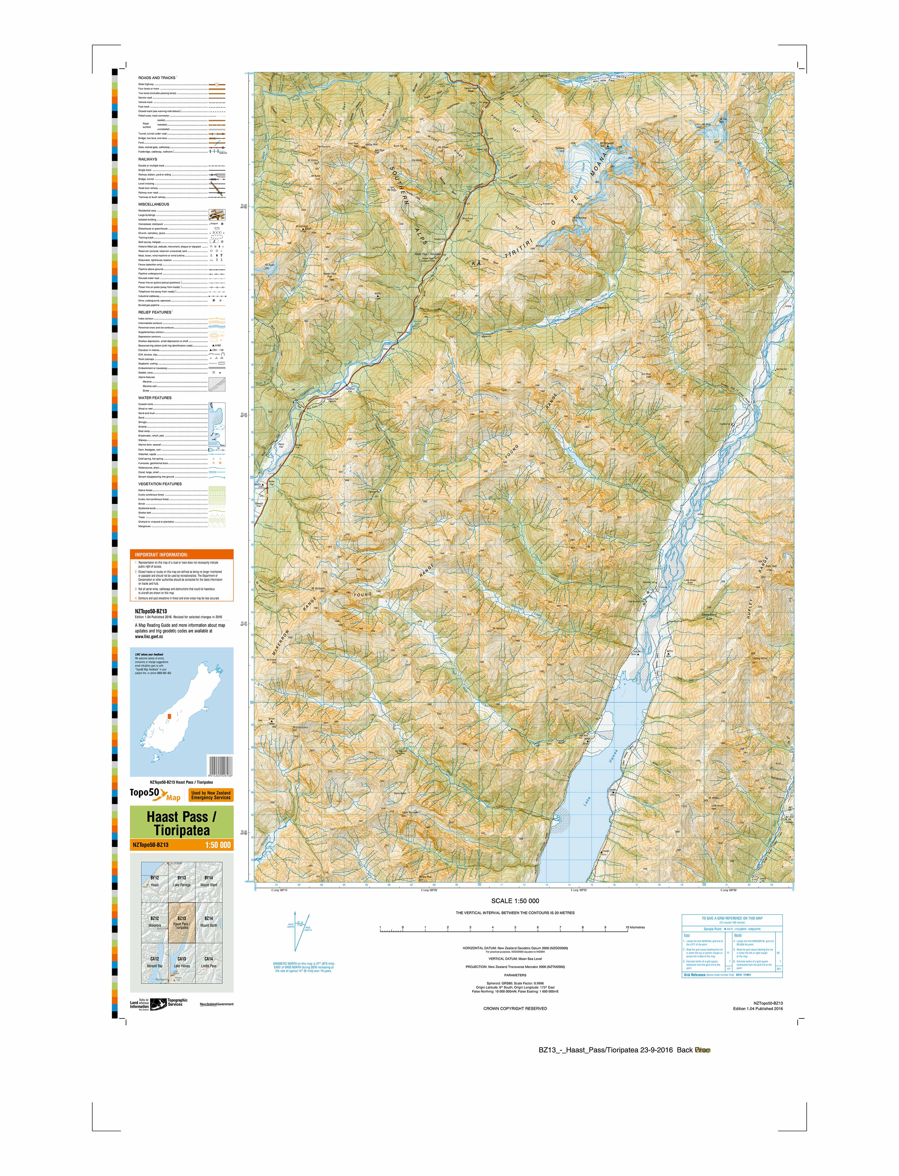 BZ13 - Haast Pass / Tioripatea Topo50 map