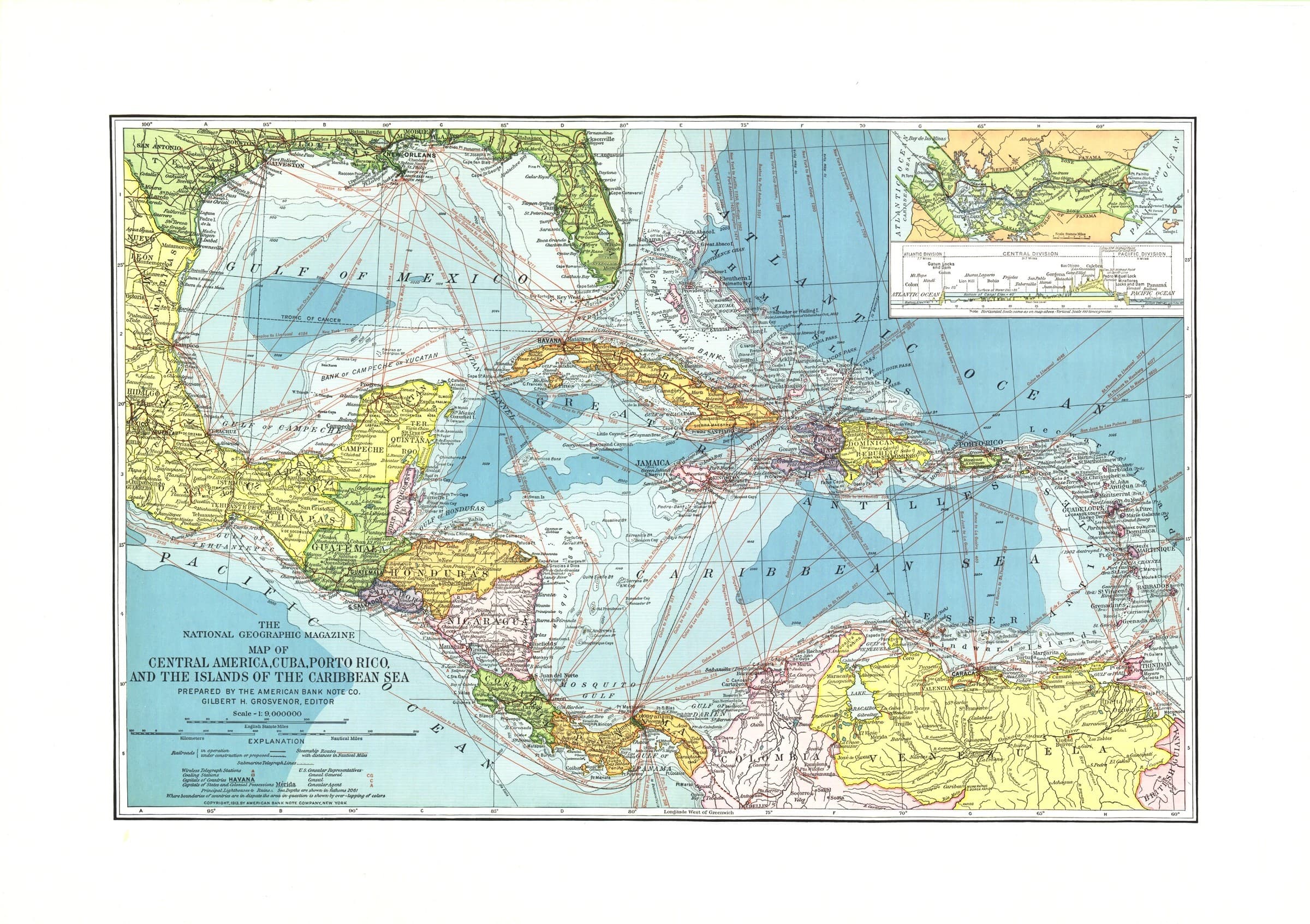 Central America, Cuba, Porto Rico, and the Islands of the Caribbean Sea Wall Map - Published 1913 by National Geographic