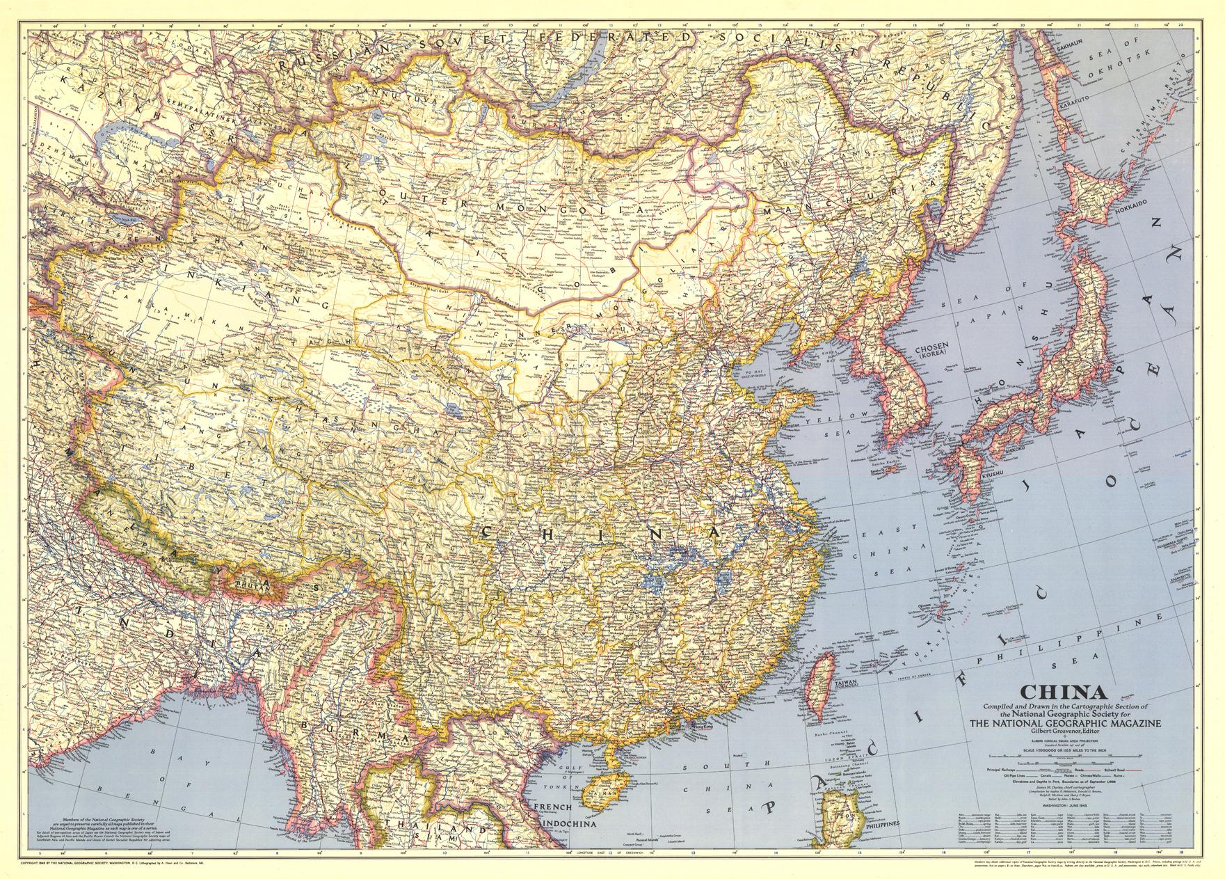 China Wall Map - Published 1945 by National Geographic