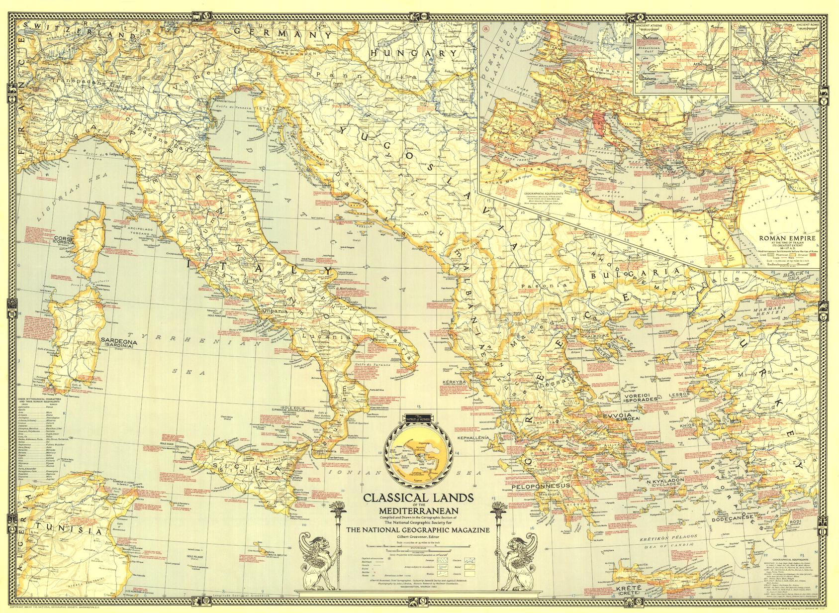Classical Lands of the Mediterranean Wall Map - Published 1940 by National Geographic