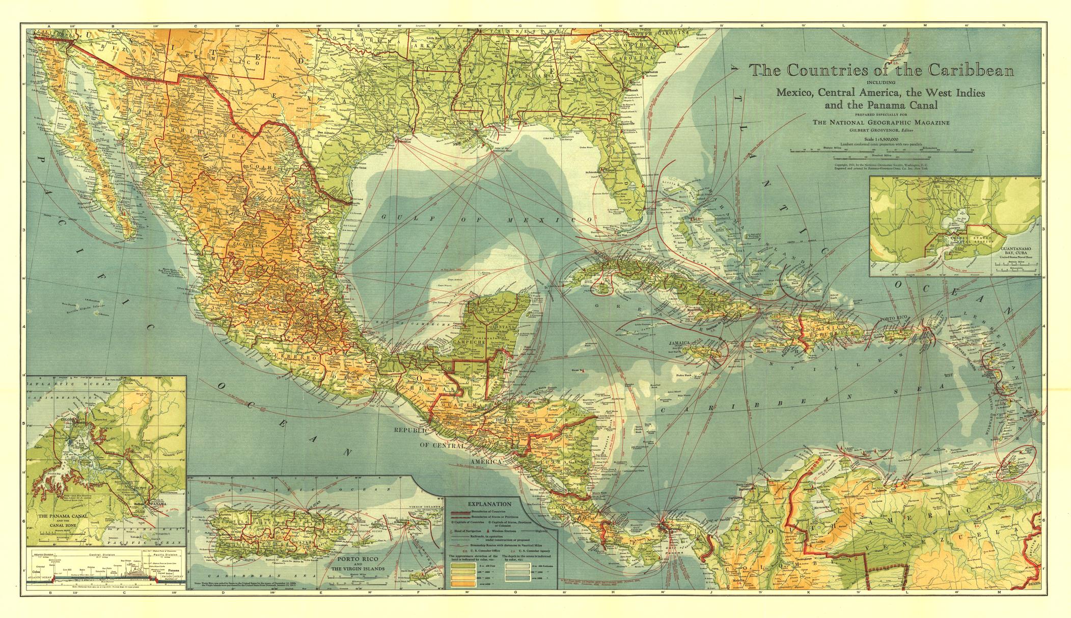 Countries of the Caribbean Wall Map - Published 1922 by National Geographic