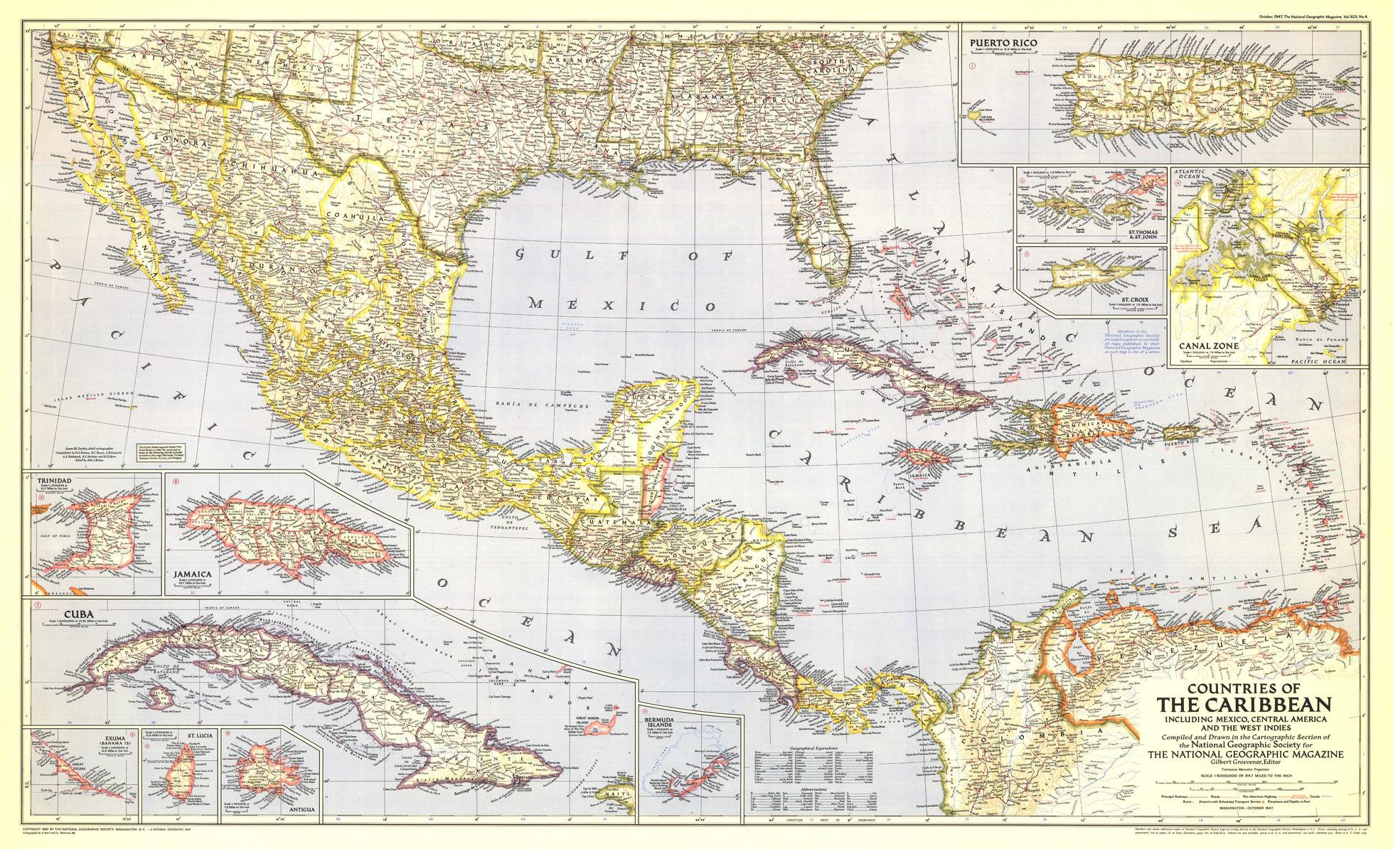 Countries of the Caribbean Wall Map - Published 1947 by National Geographic