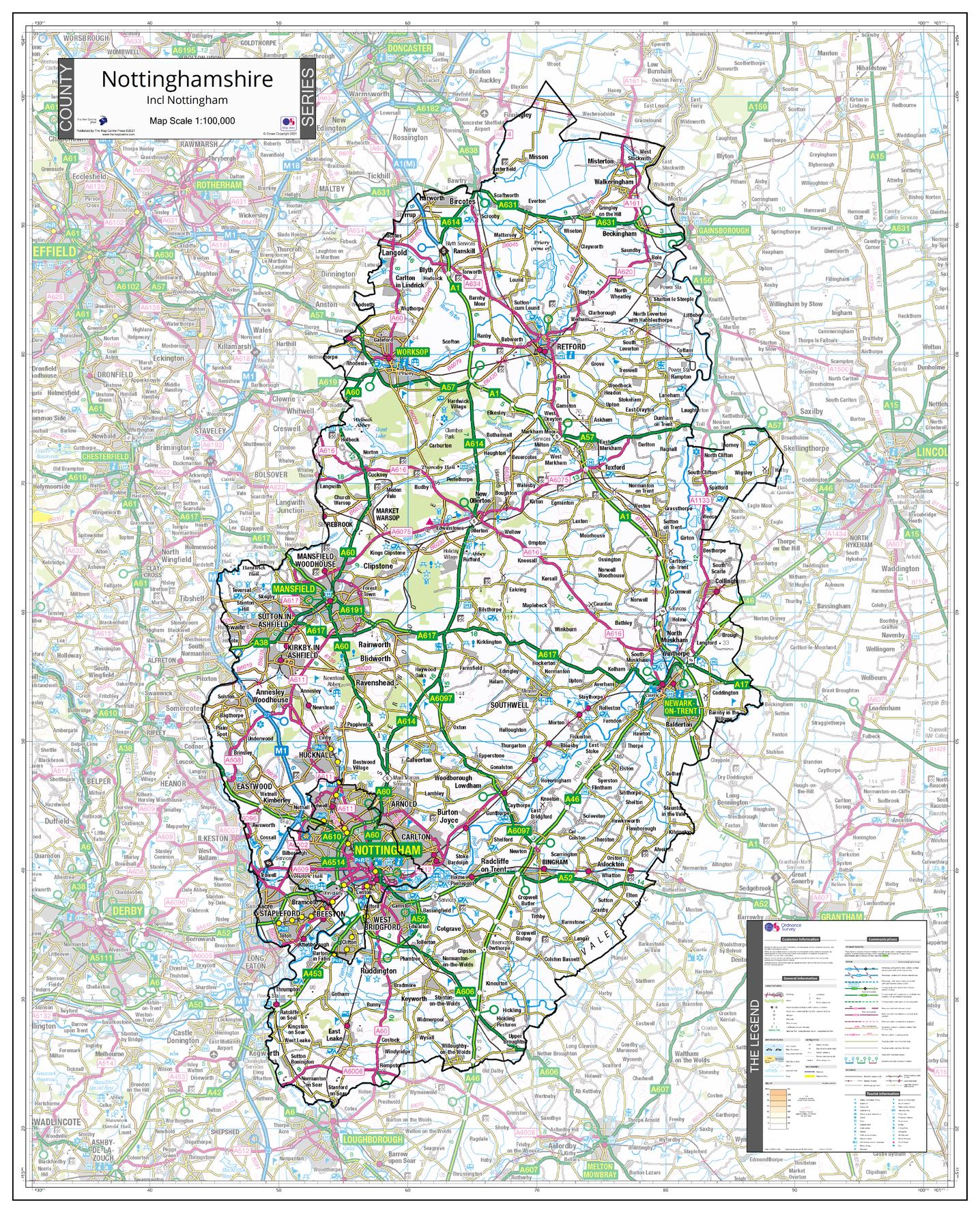 County Map of Nottinghamshire 760 x 940mm