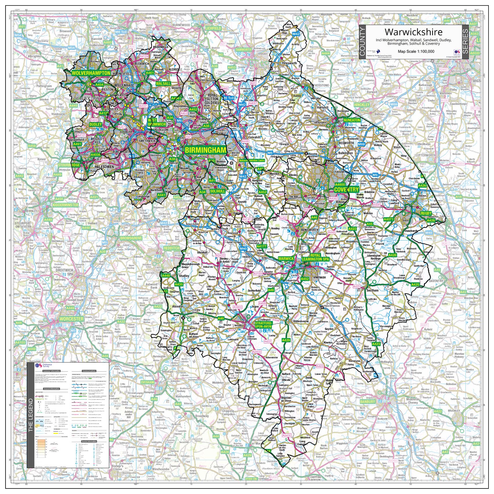County Map of Warwickshire incl West Midlands 900 x 900mm