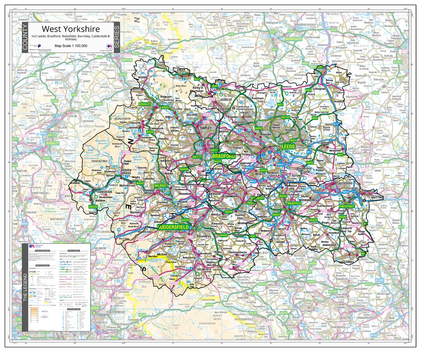 County Map of West Yorkshire 860 x 720mm