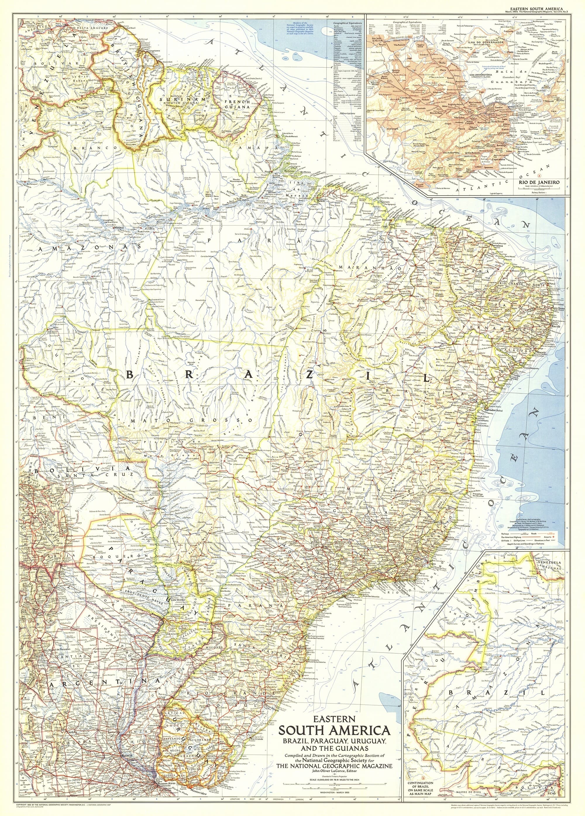 Eastern South America Wall Map - Published 1955 by National Geographic
