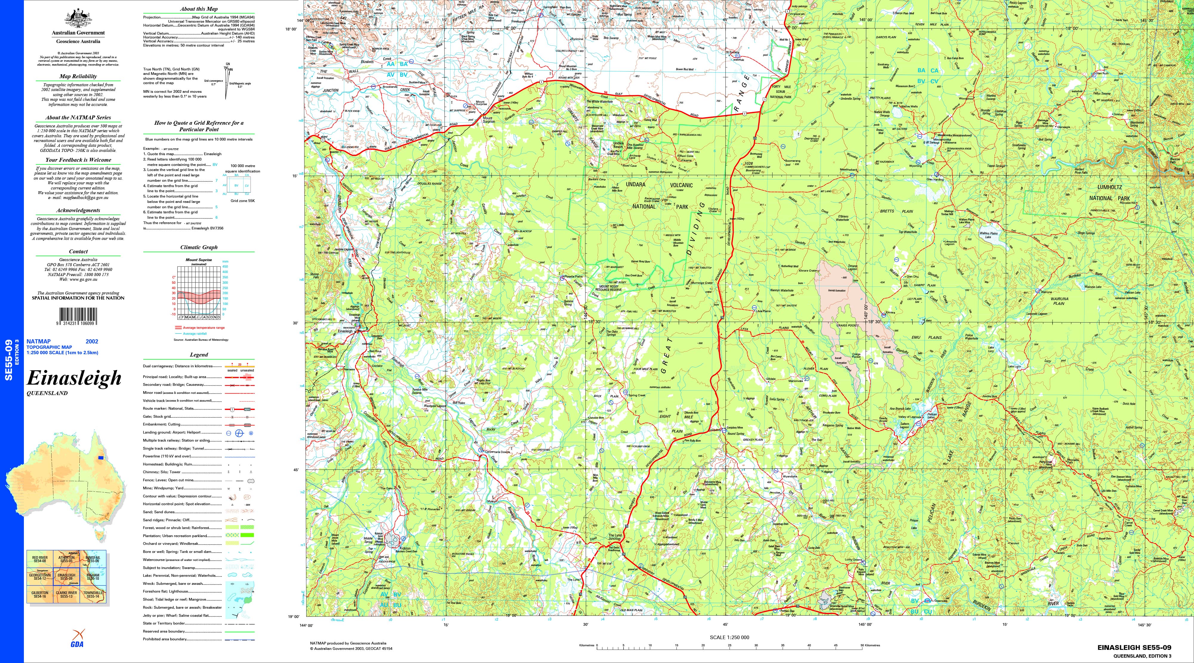 Einasleigh SE55-09 Topographic Map 1:250k