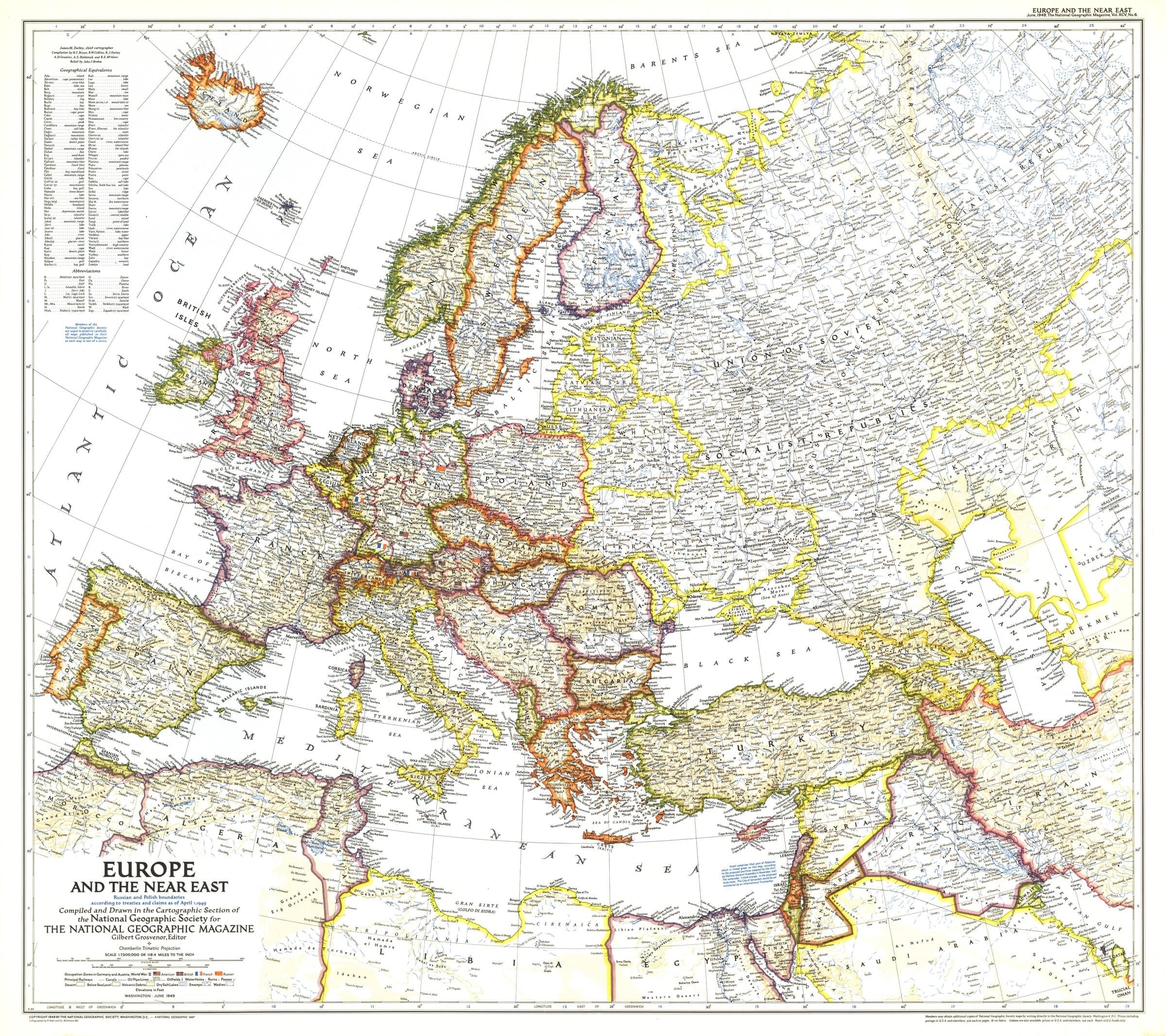 Europe and the Near East Wall Map - Published 1949 by National Geographic