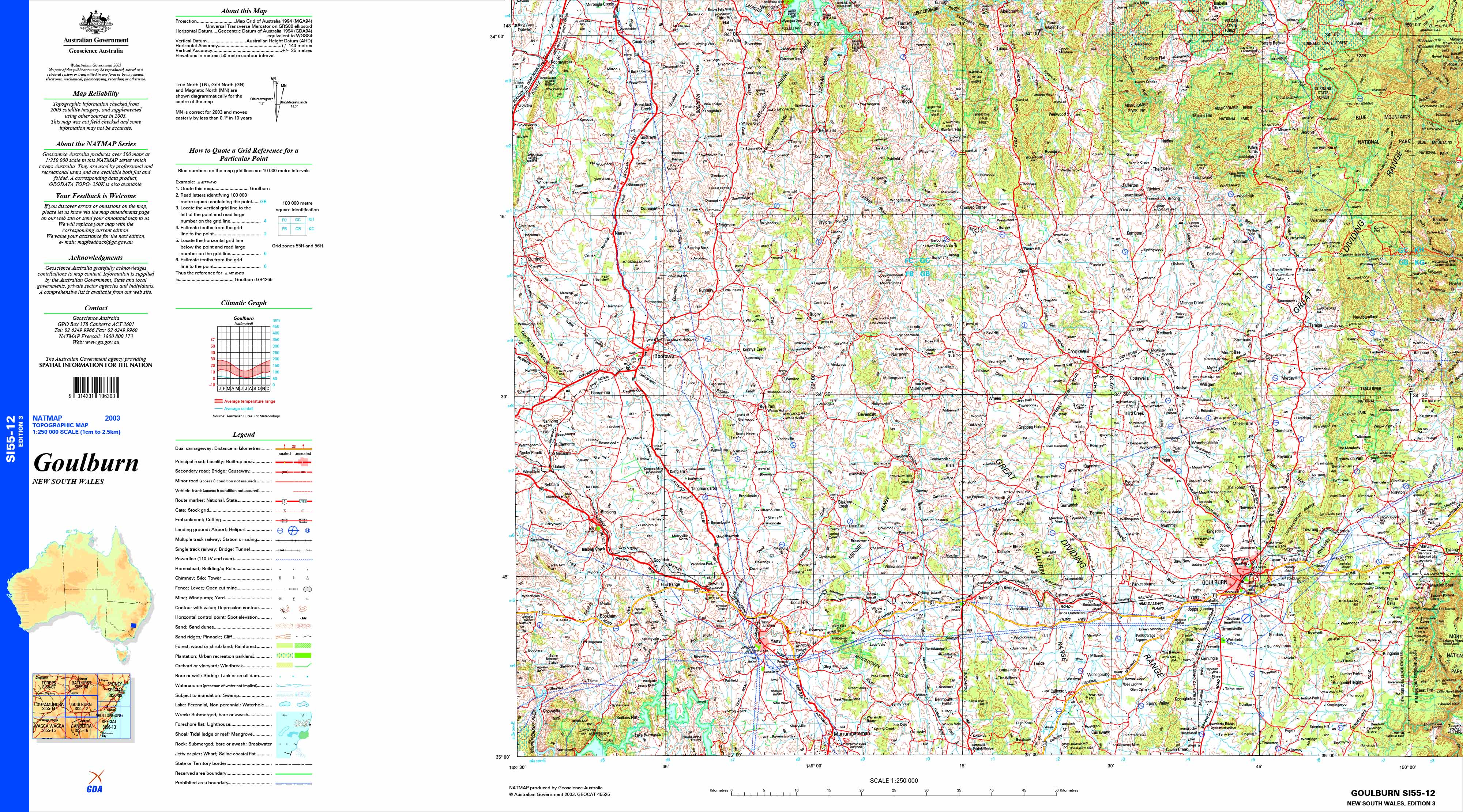 Goulburn SI55-12 Topographic Map 1:250k