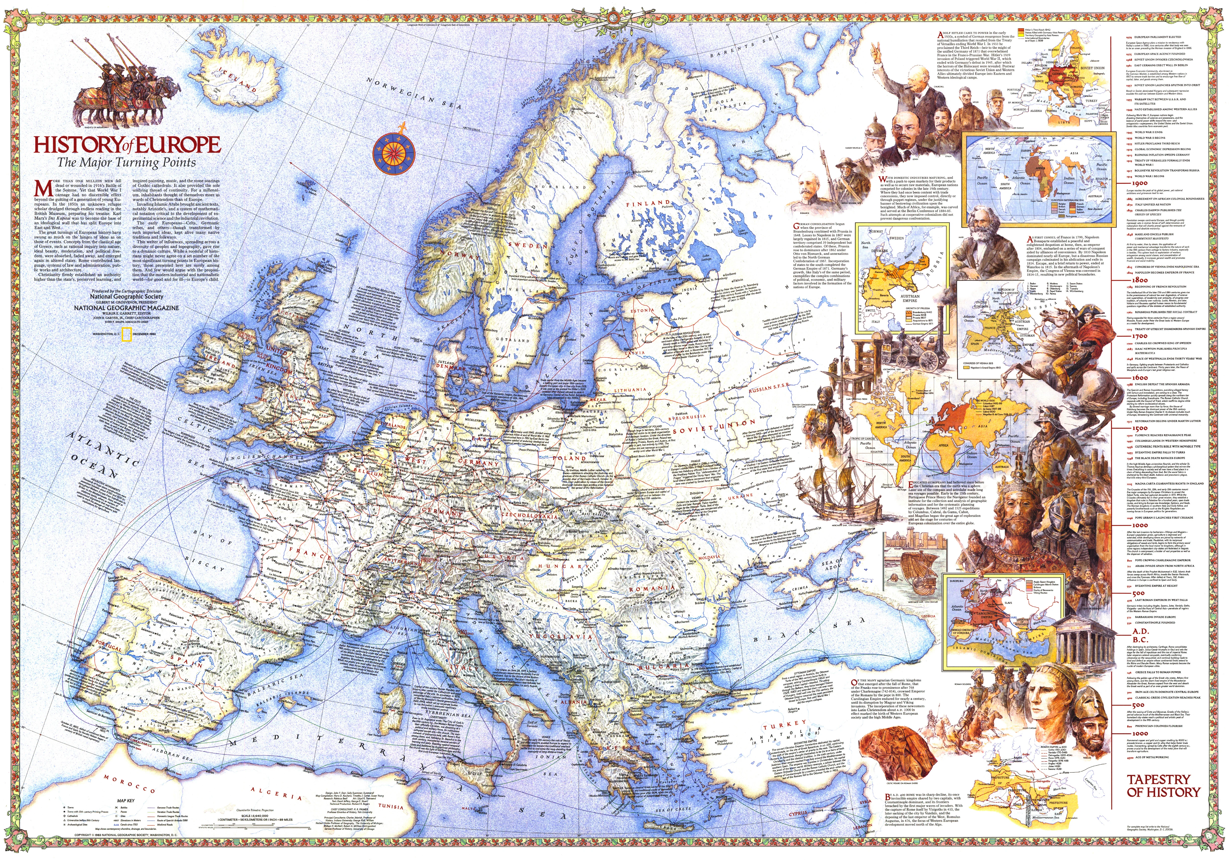 History of Europe, the Major Turning Points Wall Map - Published 1983 by National Geographic