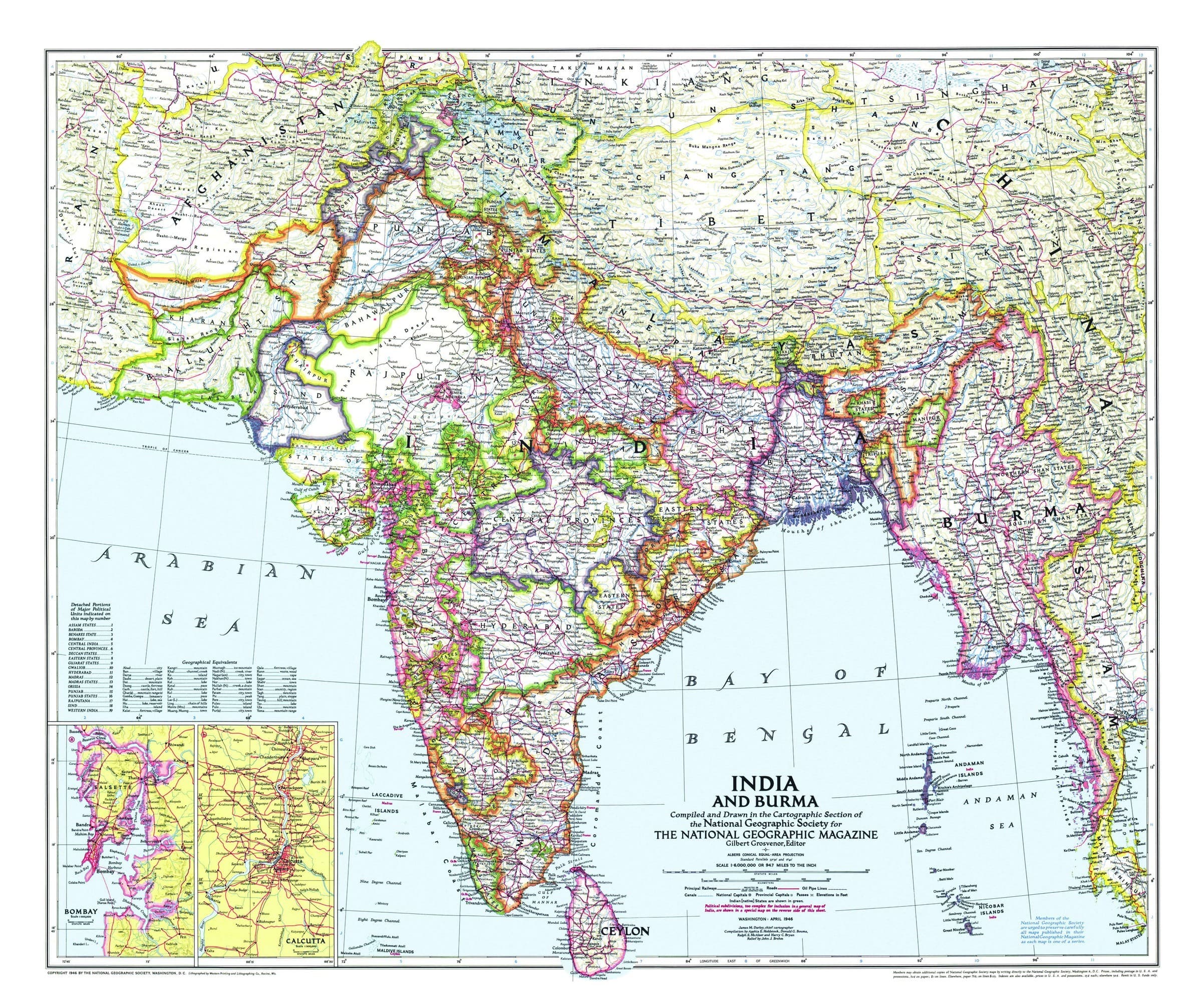 India and Burma Wall Map - Published 1946 by National Geographic