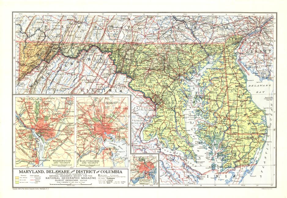 Maryland, Delaware and District of Columbia Wall Map - Published 1927 by National Geographic