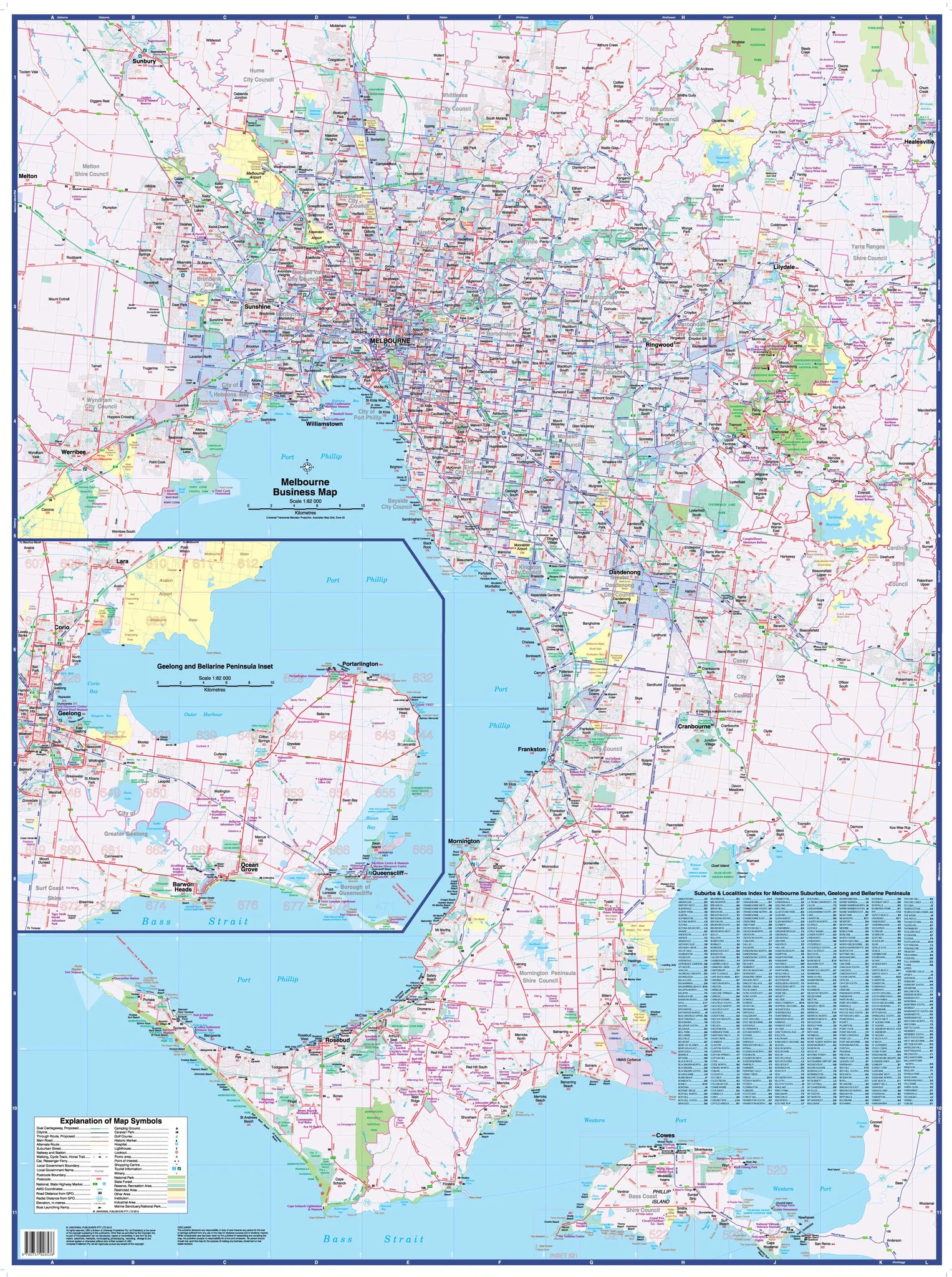 Melbourne Business Map 365 UBD 1010 x 1350mm Laminated Wall Map with Hang Rails