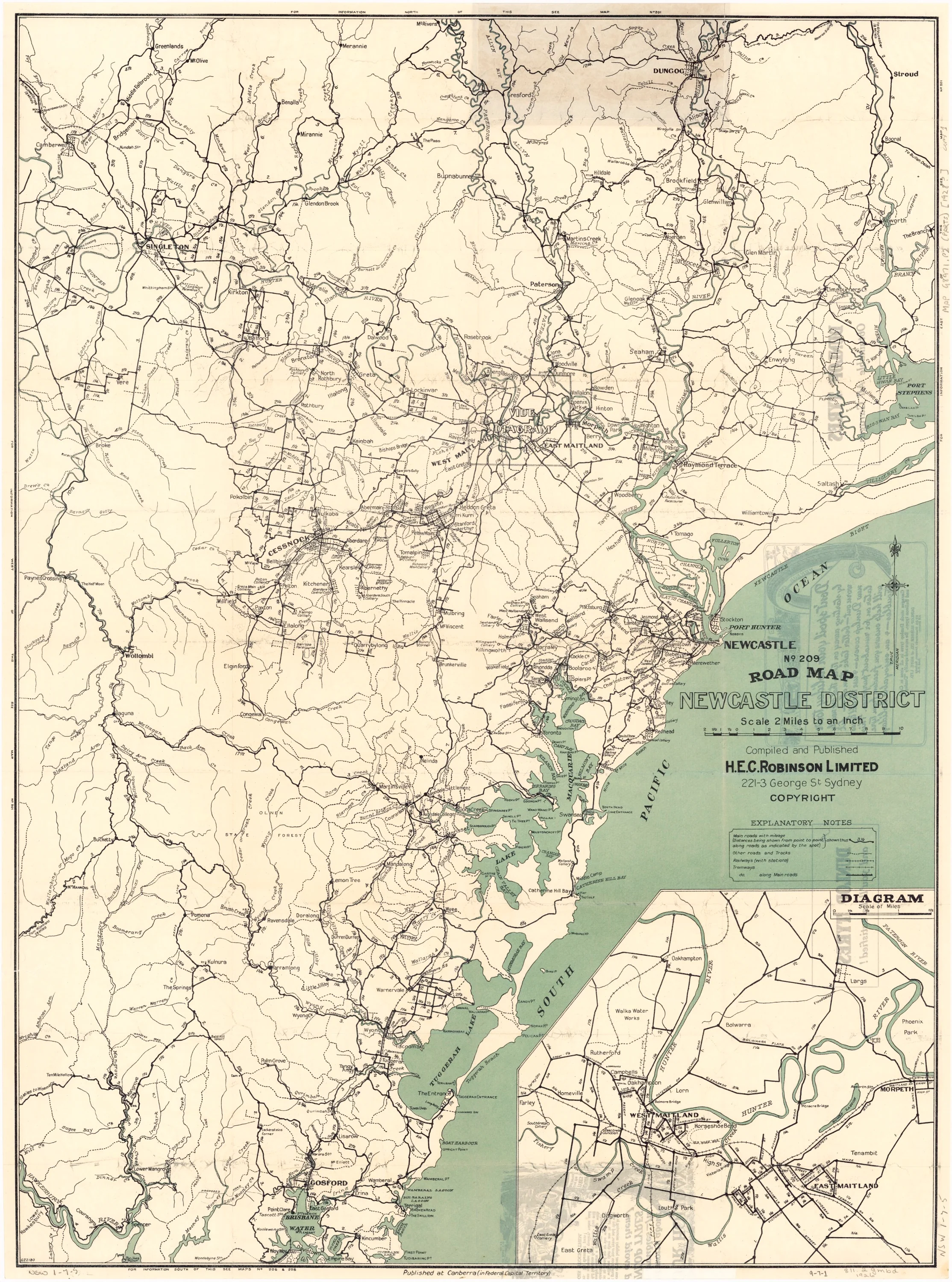 Newcastle & Region Wall Map by H.E.C. Robinson 1929