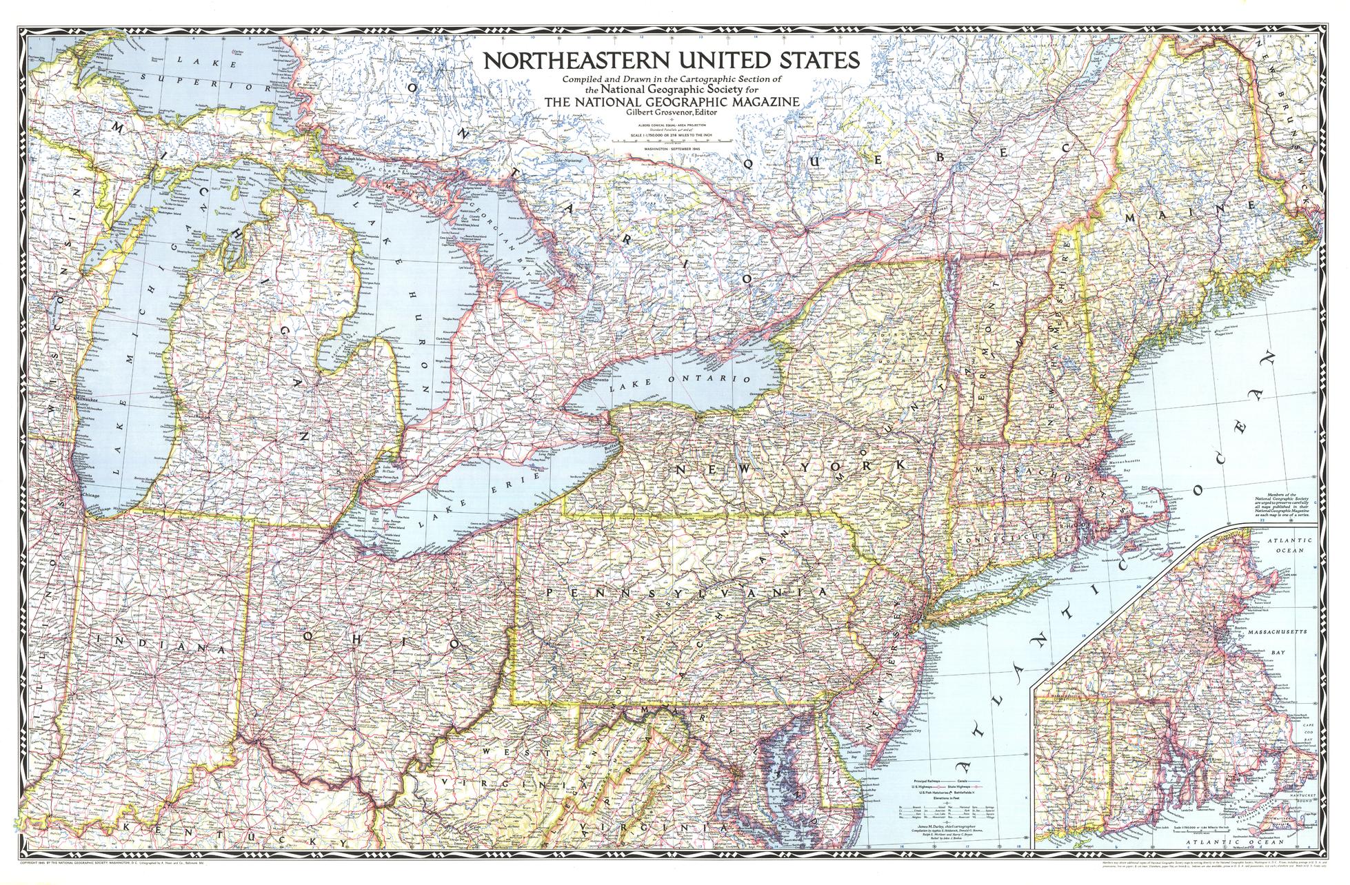Northeastern United States Wall Map - Published 1945 by National Geographic