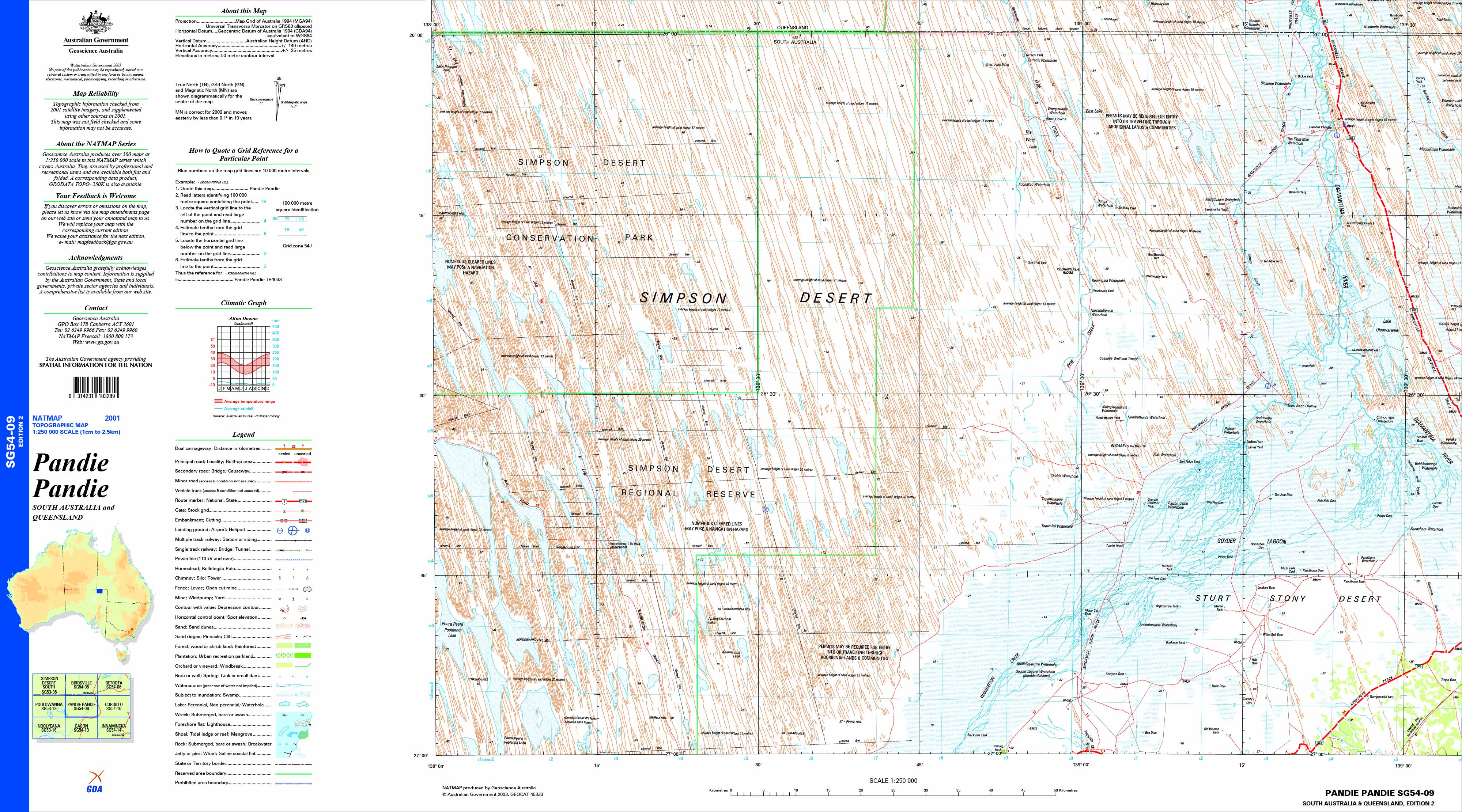Pandie Pandie SG54-09 Topographic Map 1:250k