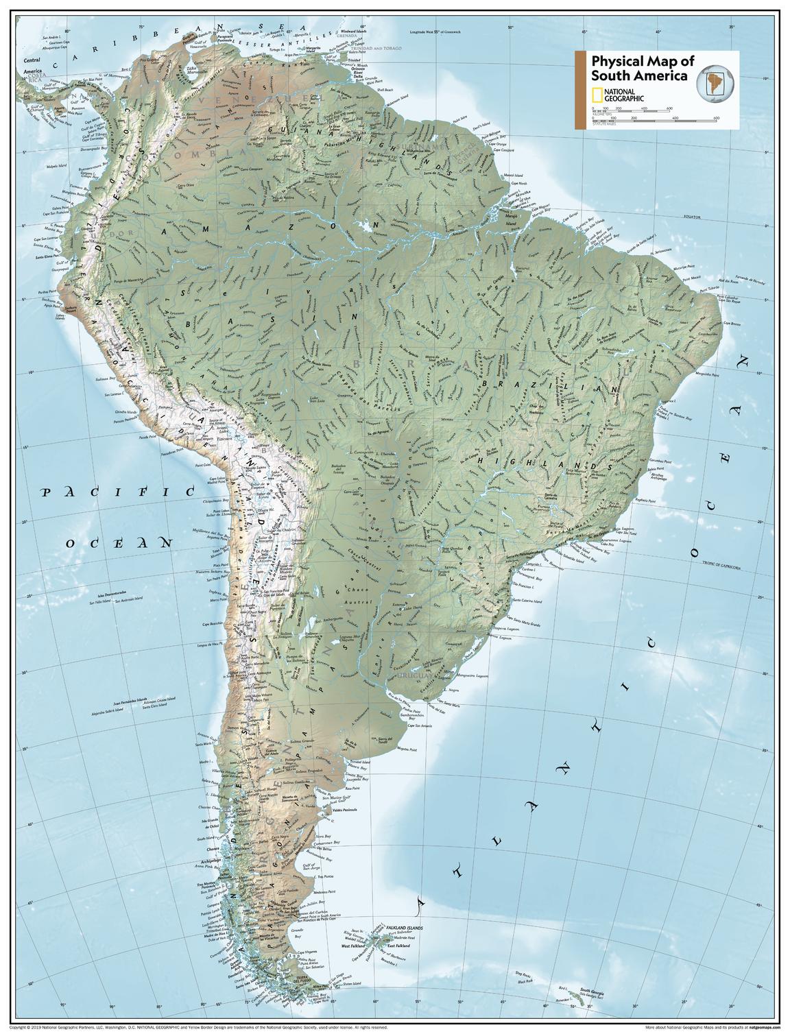 South America Physical Atlas of the World, 11th Edition, National Geographic Wall Map