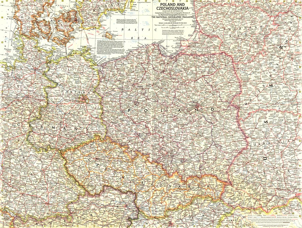Poland and Czechoslovakia Wall Map - Published 1958 by National Geographic