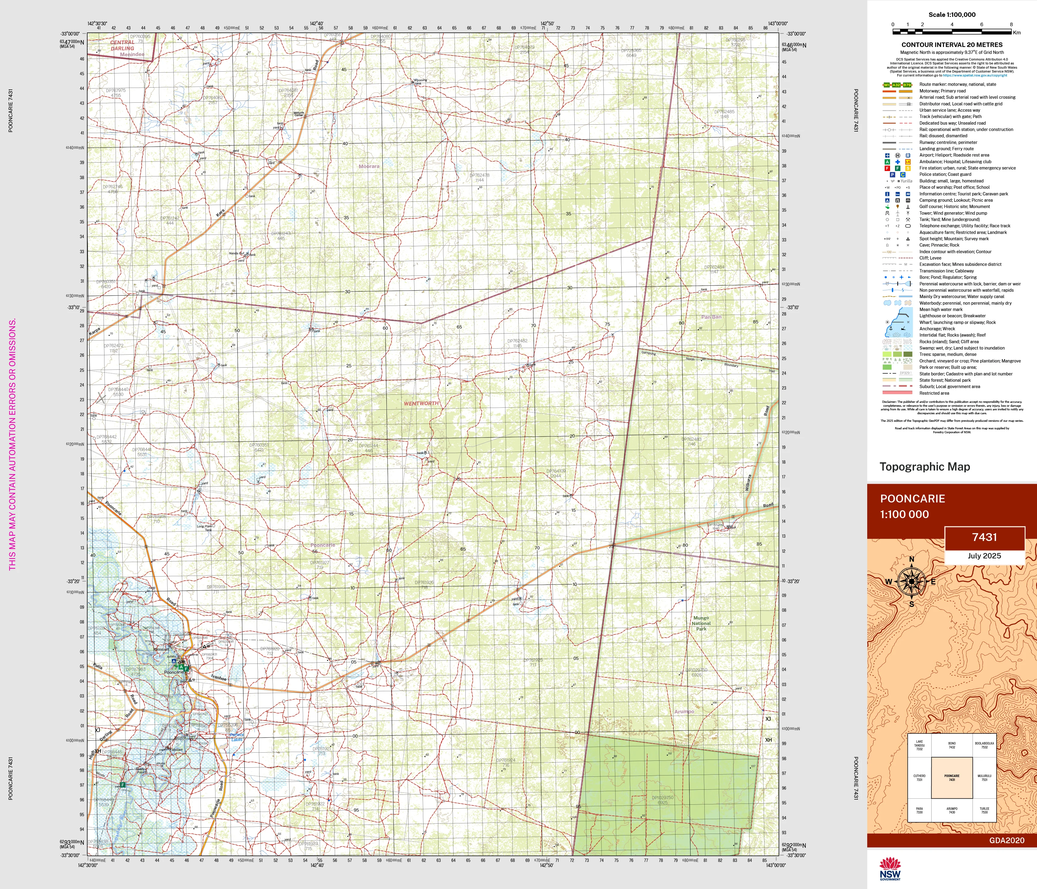 Pooncarie 7431 Topographic Map 1:100k