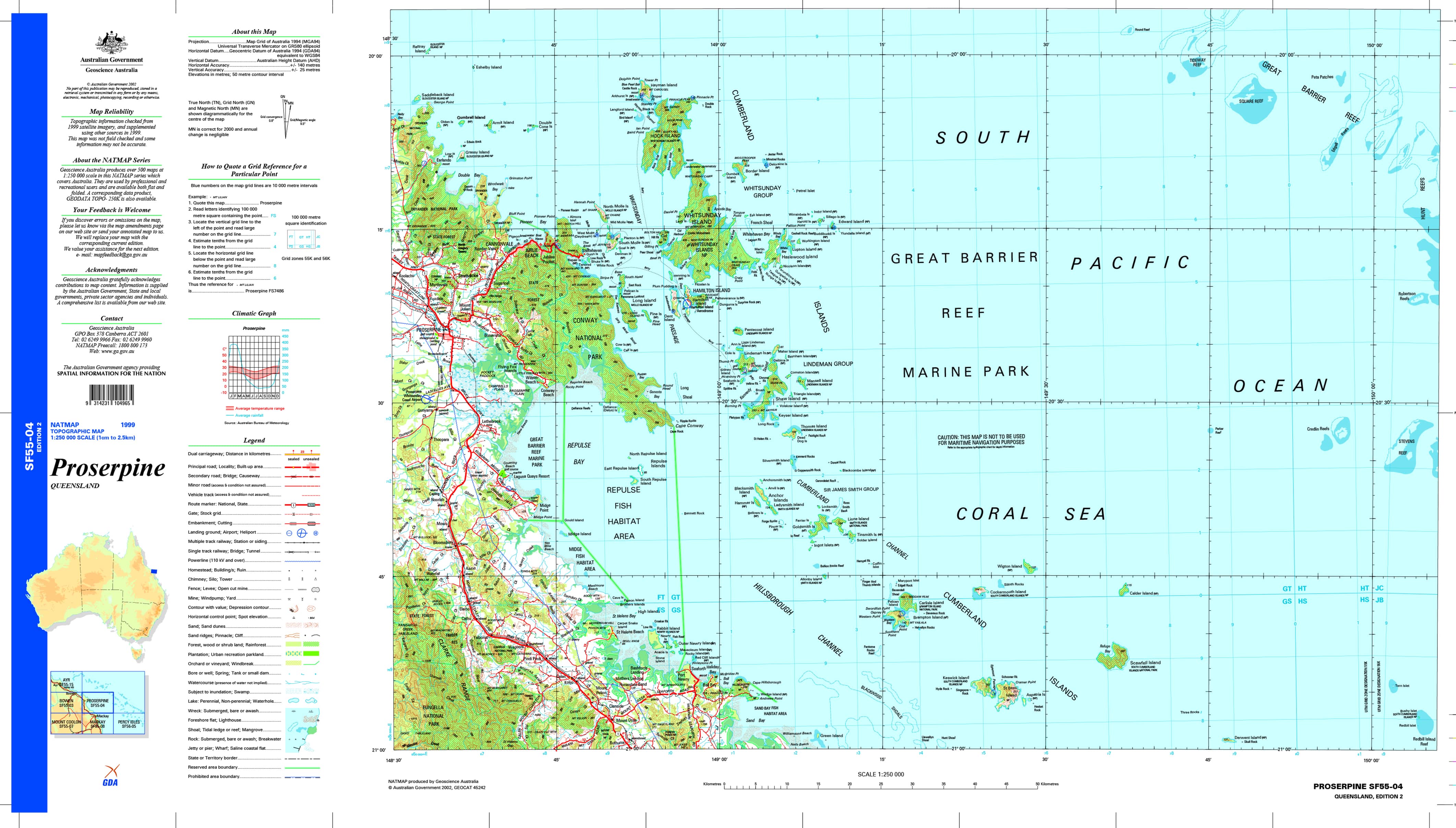 Proserpine SF55-04 Topographic Map 1:250k