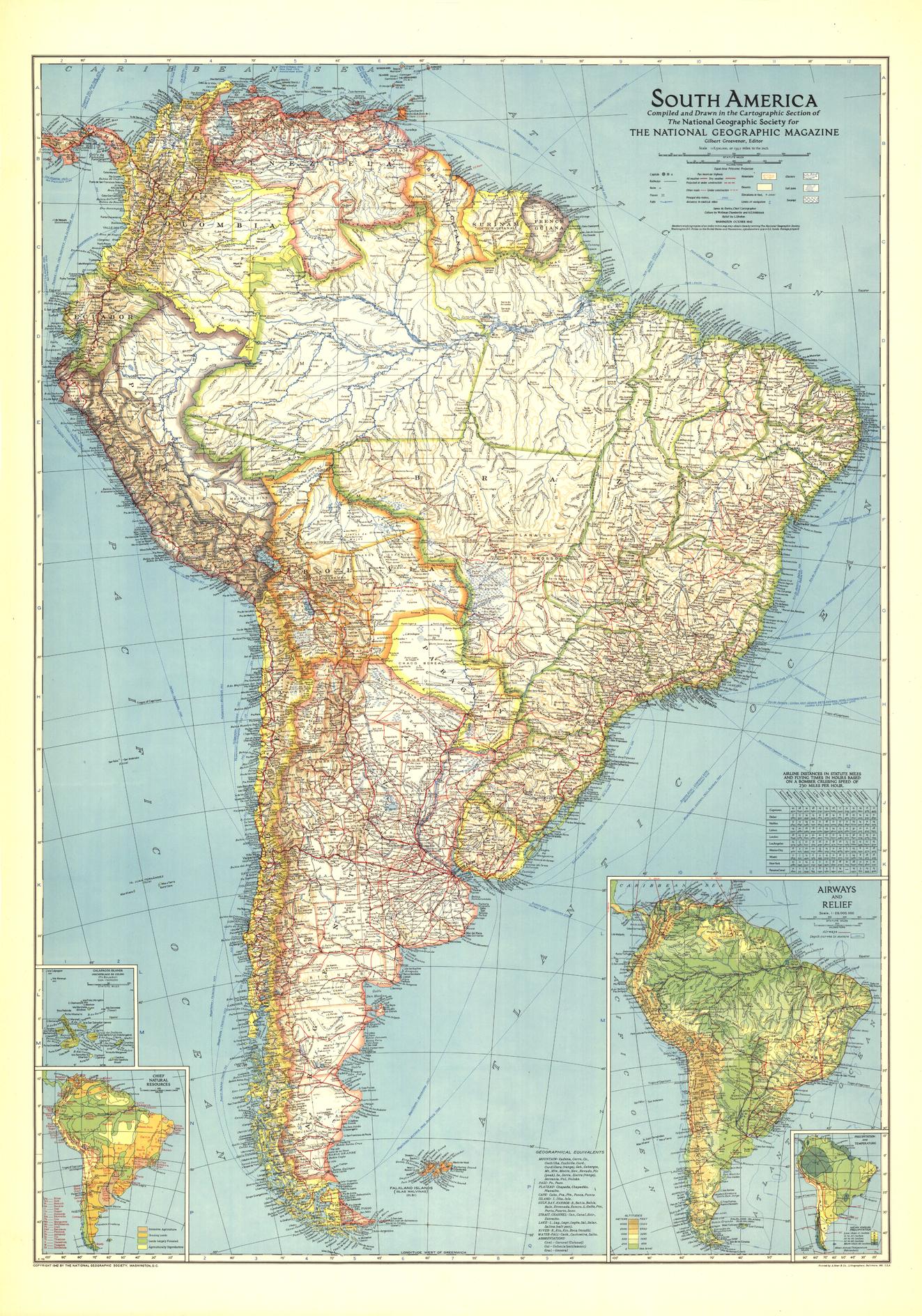 South America Wall Map - Published 1942 by National Geographic