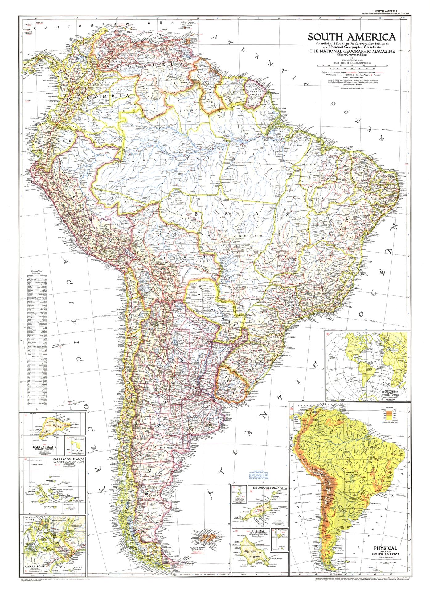South America Wall Map - Published 1950 by National Geographic