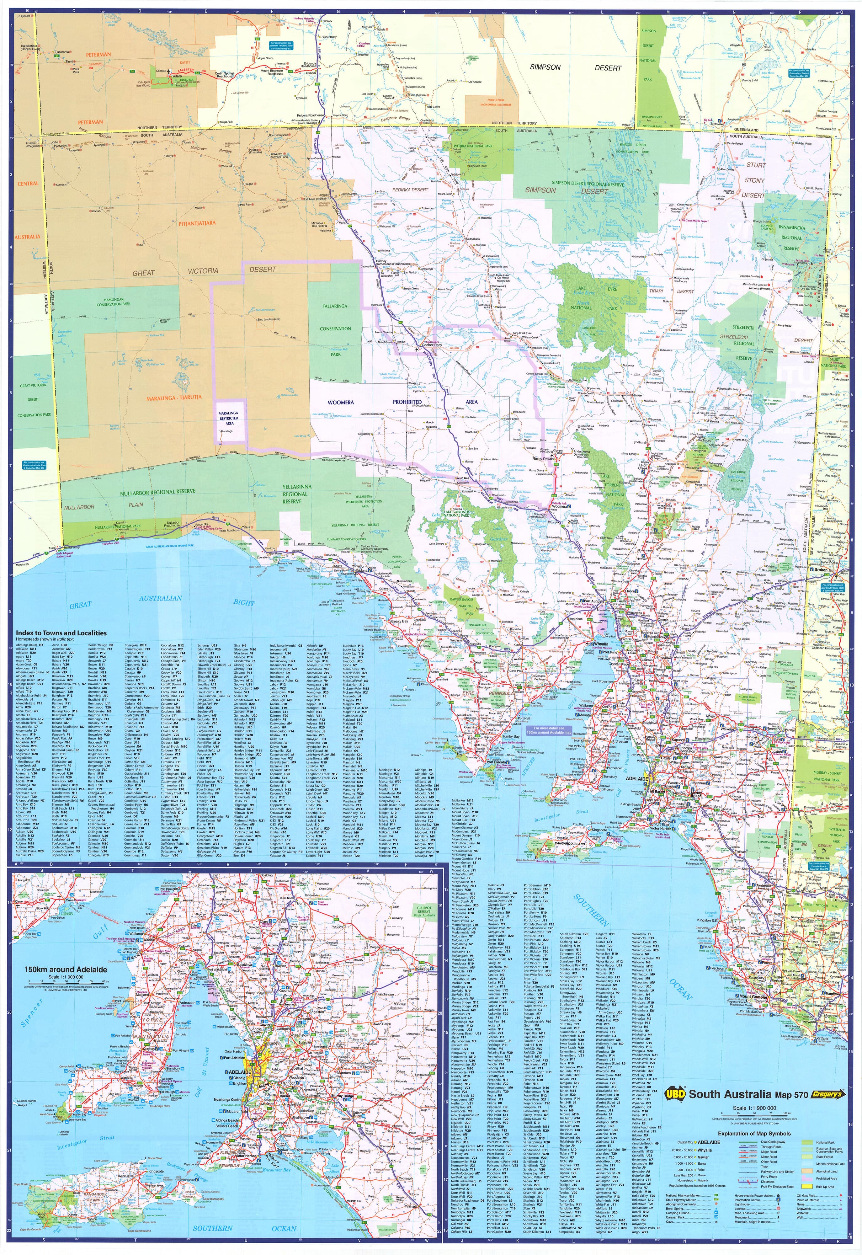 South Australia UBD 570 Map 1020 x 1480mm Laminated Wall Map with Hang Rails