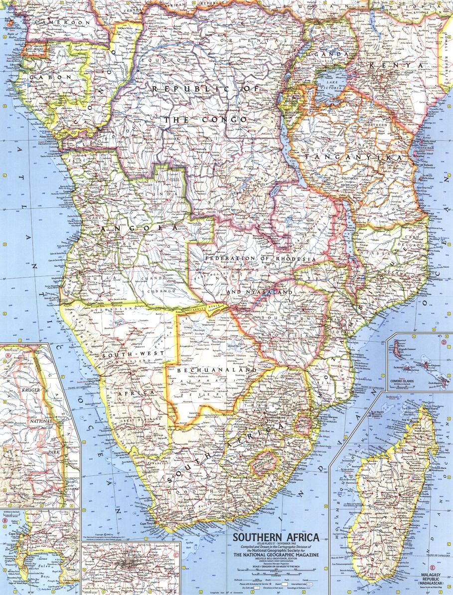 Southern Africa Wall Map - Published 1962 by National Geographic
