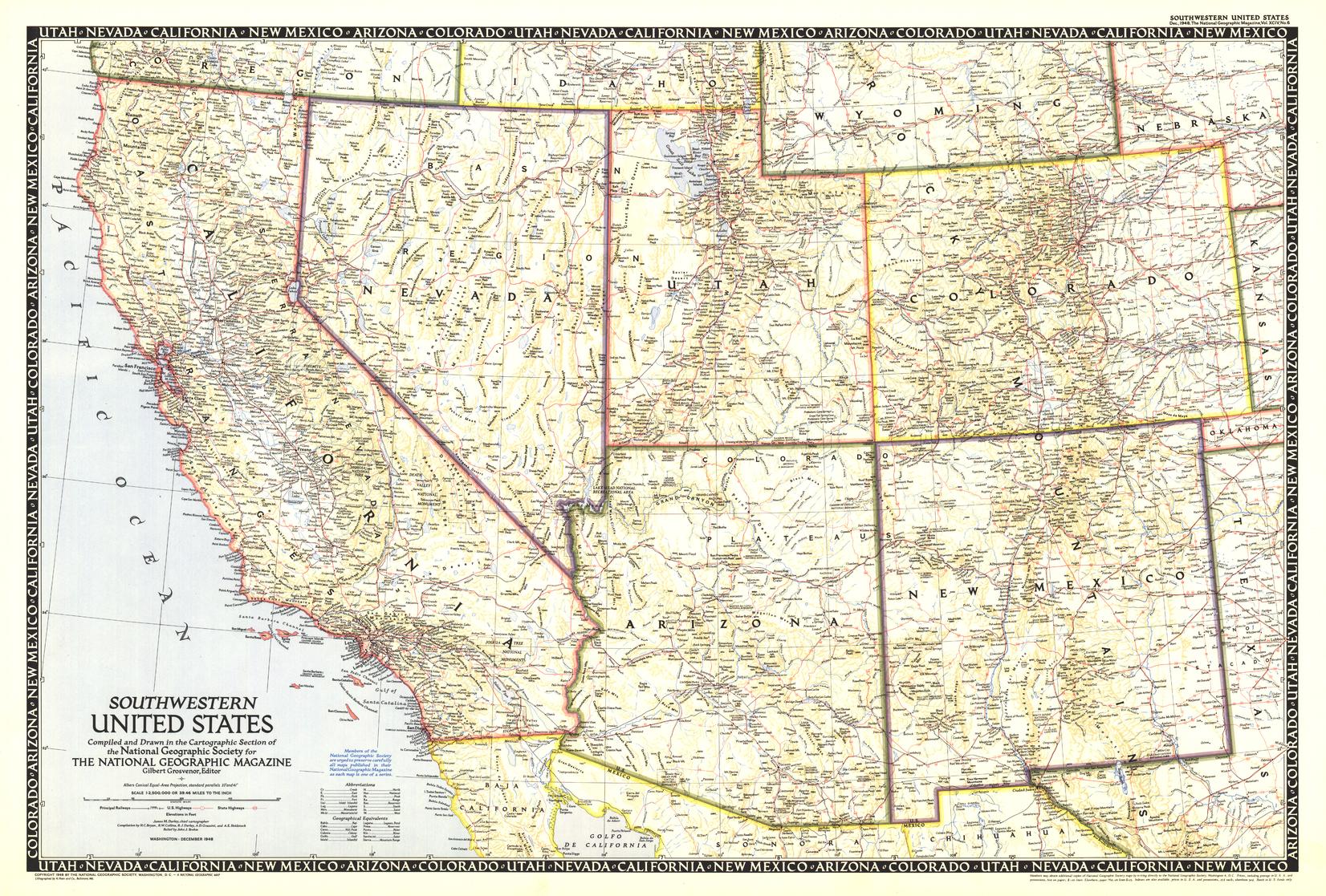 Southwestern United States Wall Map - Published 1948 by National Geographic