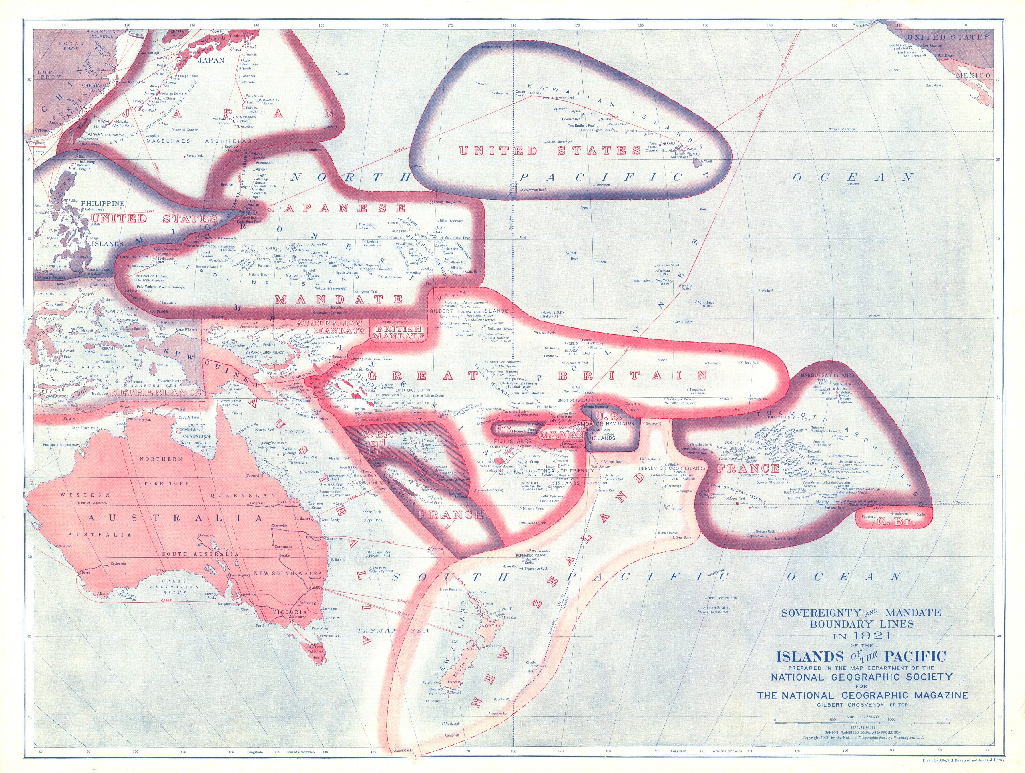 Sovereignty and Mandate Boundary Lines of the Islands of the Pacific Wall Map - Published 1921 by National Geographic