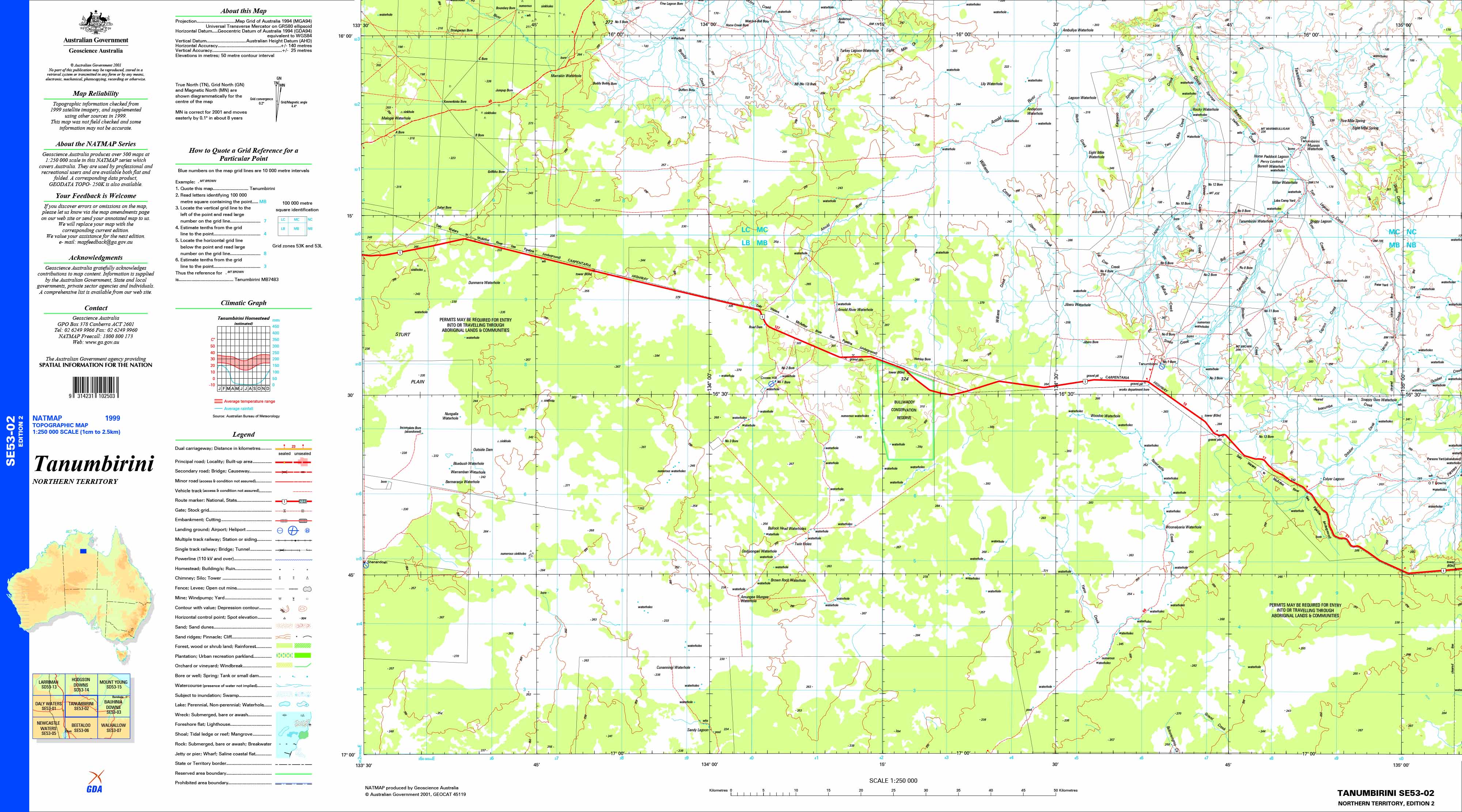 Tanumbirini SE53-02 Topographic Map 1:250k