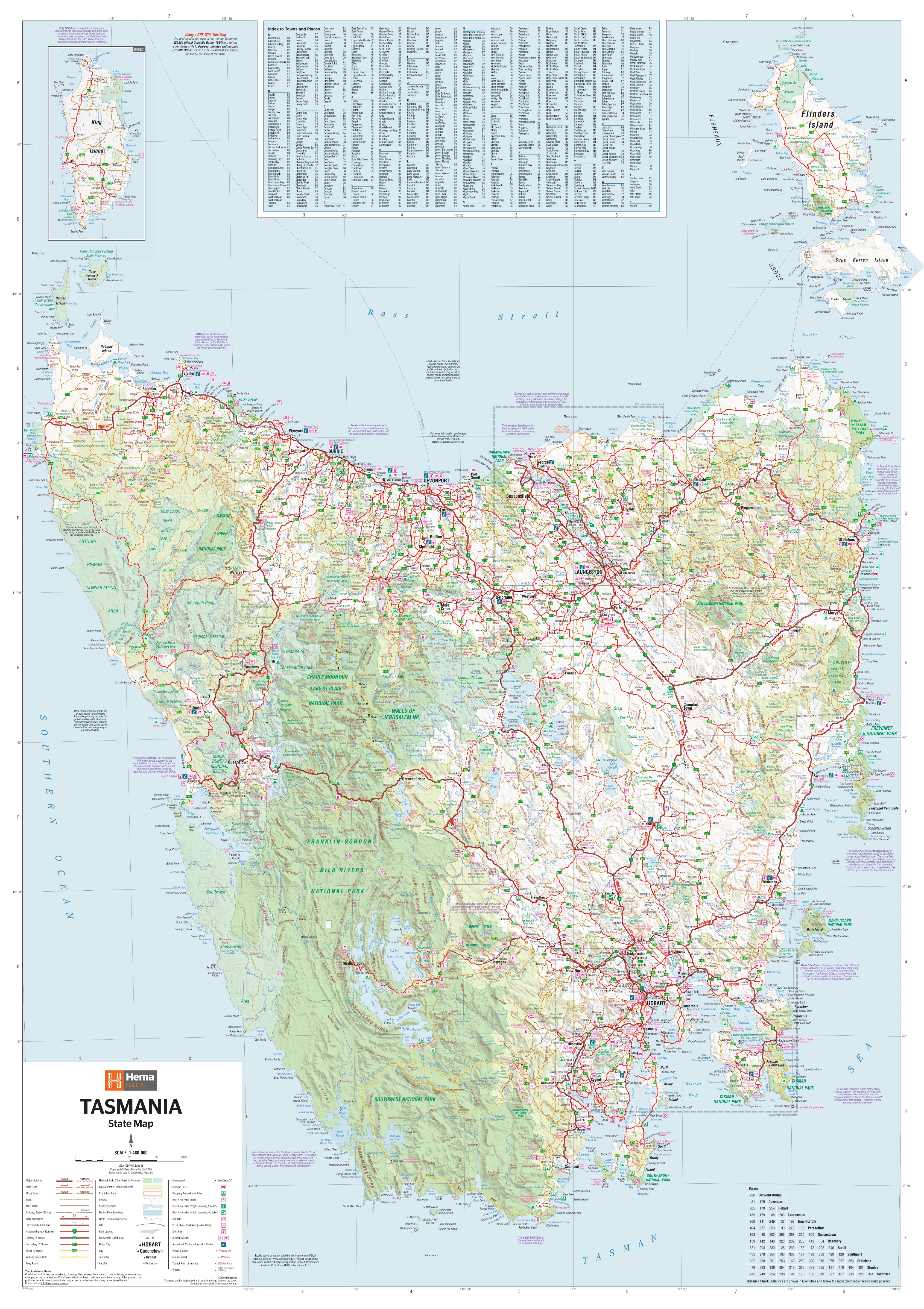 Tasmania Hema 700 x 1000mm State Laminated Wall Map with Hang Rails