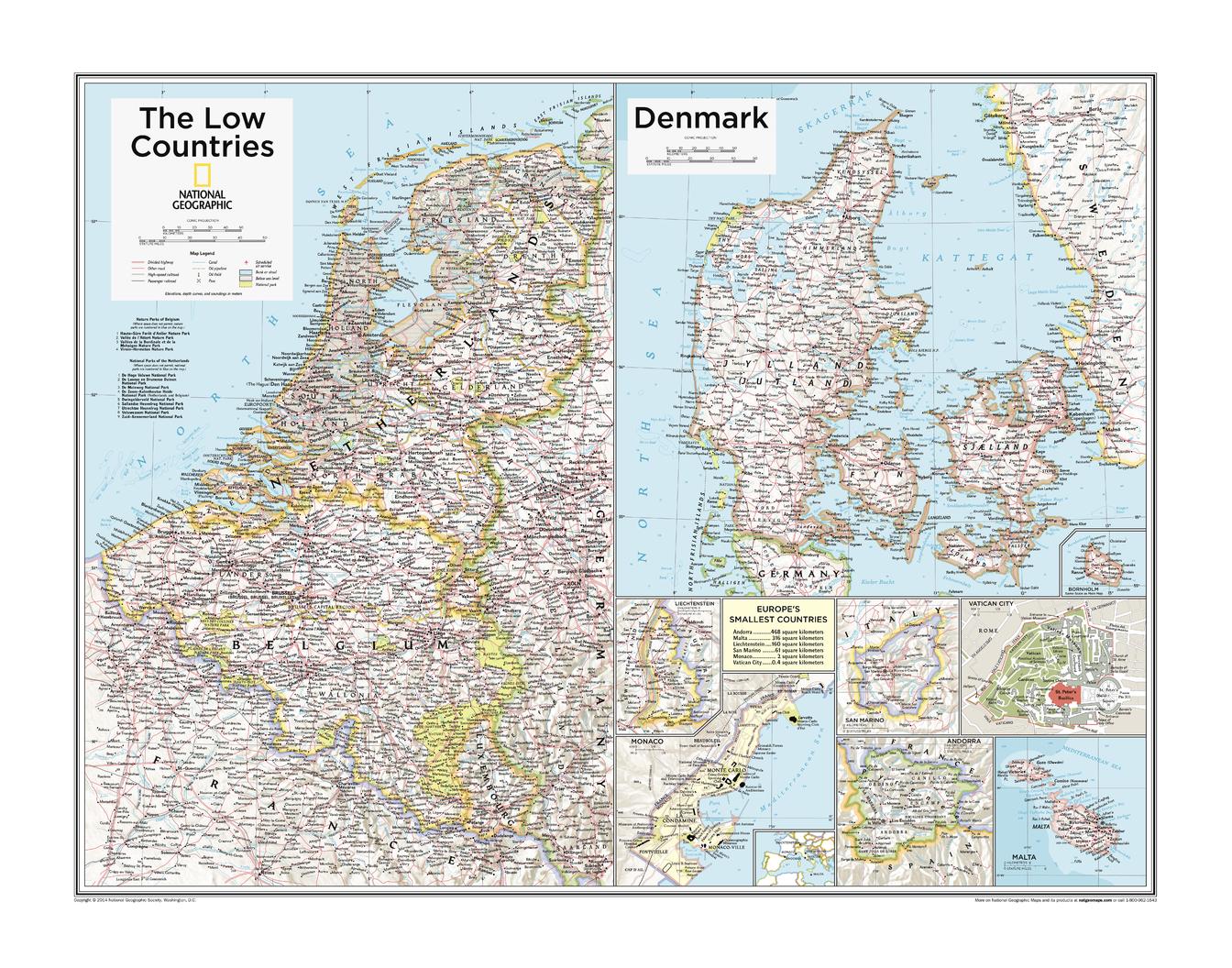 The Low Countries, Denmark, and Europe's Smallest Countries National Geographic 711 X 559mm Wall Map