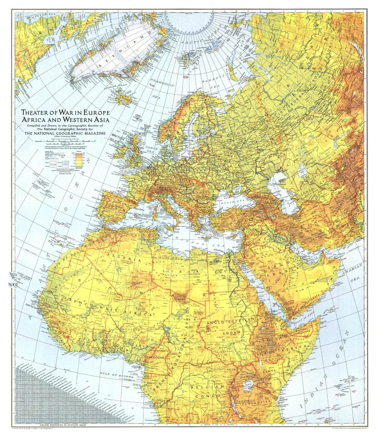 Theatre of War in Europe, Africa and Western Asia - Published 1942 by National Geographic
