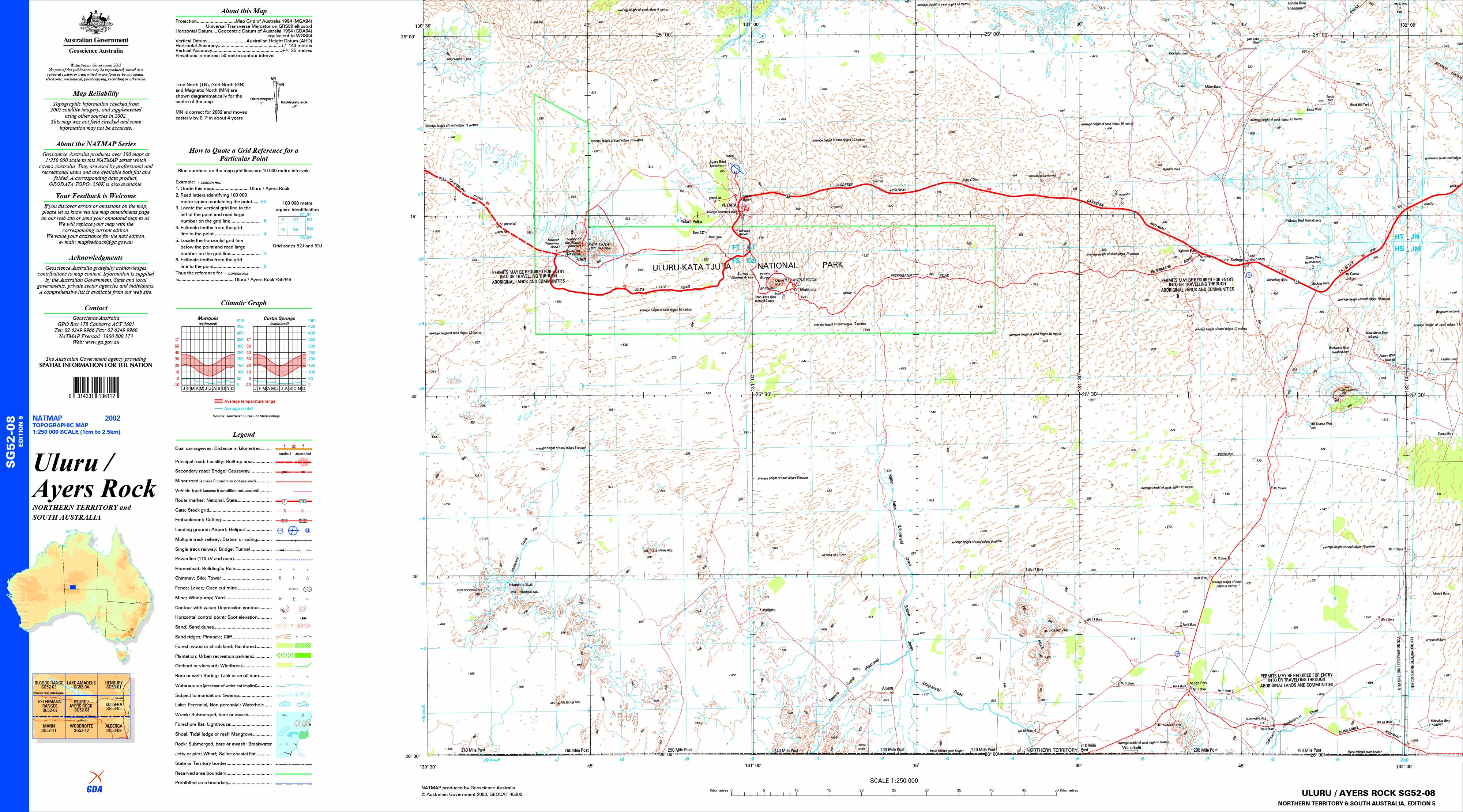 Uluru / Ayers Rock SG52-08 Topographic Map 1:250k