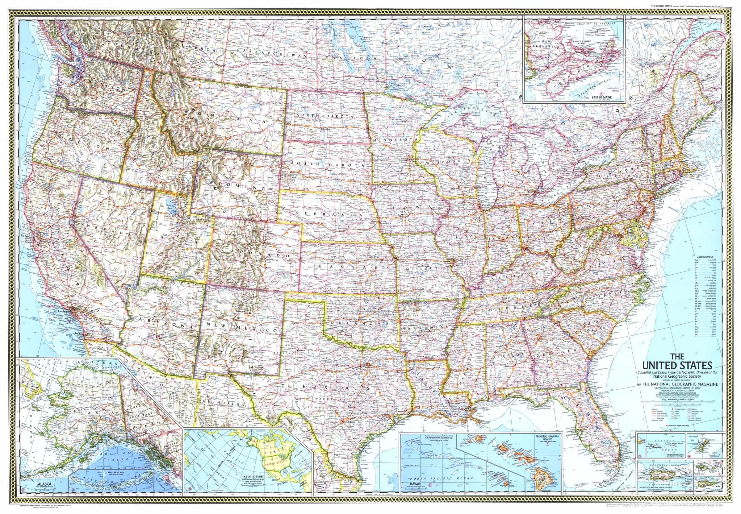 United States of America 1968 Wall Map by National Geographic