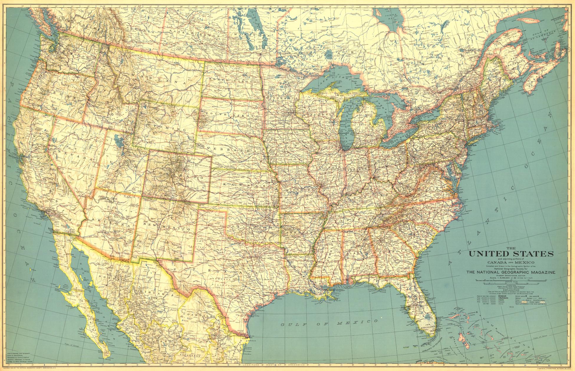 United States of America 1933 Wall Map by National Geographic