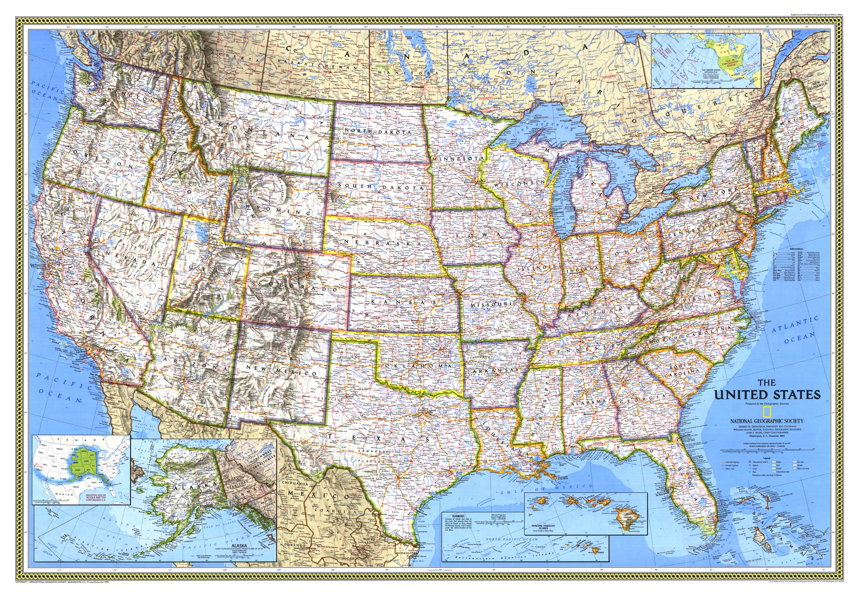 United States of America 1993 Wall Map by National Geographic