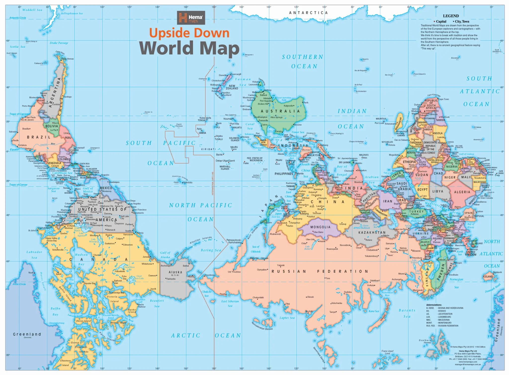 Upside Down World Map 840 x 594mm Canvas Wall Map